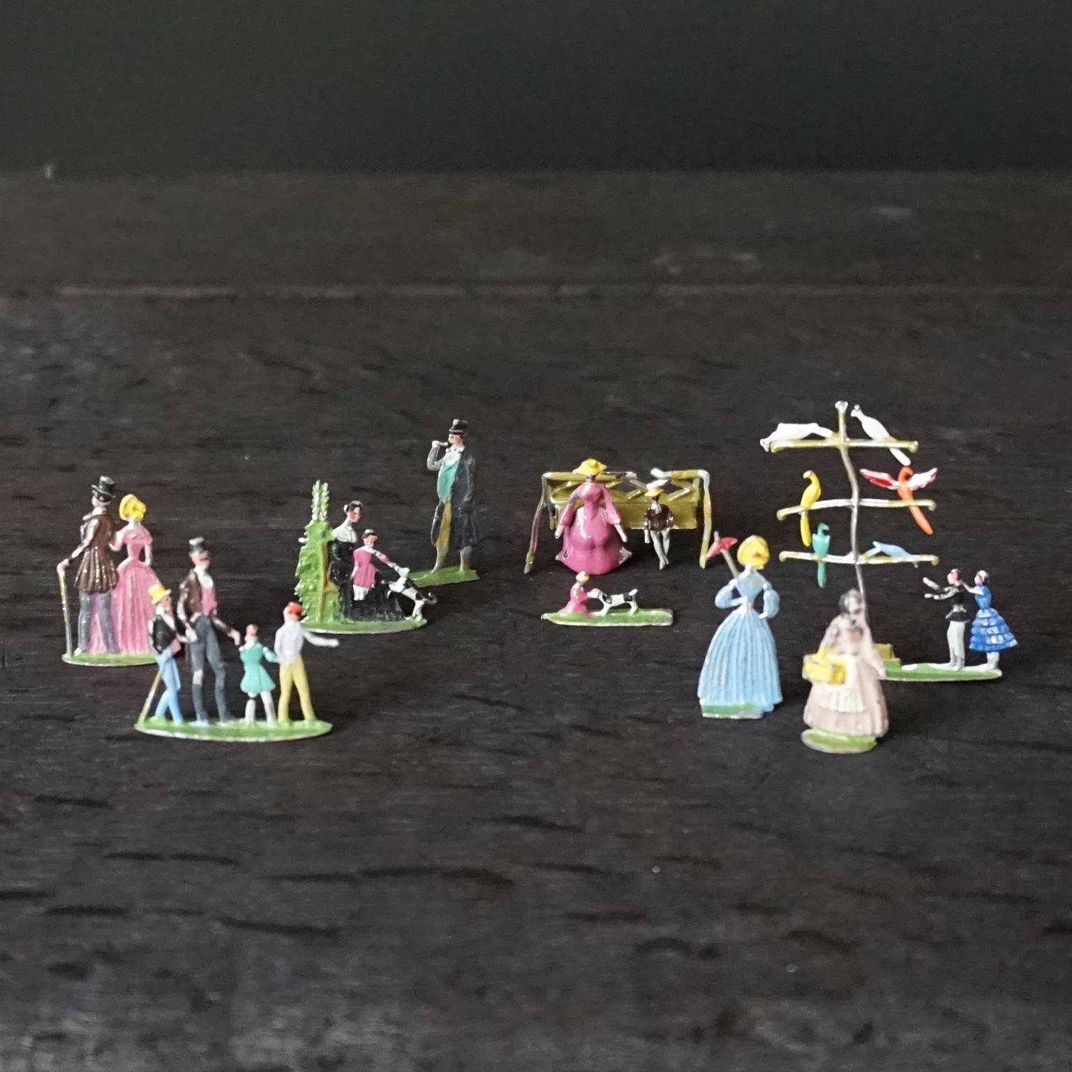 Collection 1900s Edwardian Miniature Tin Toys Farm Animals People and Park Trees For Sale 8