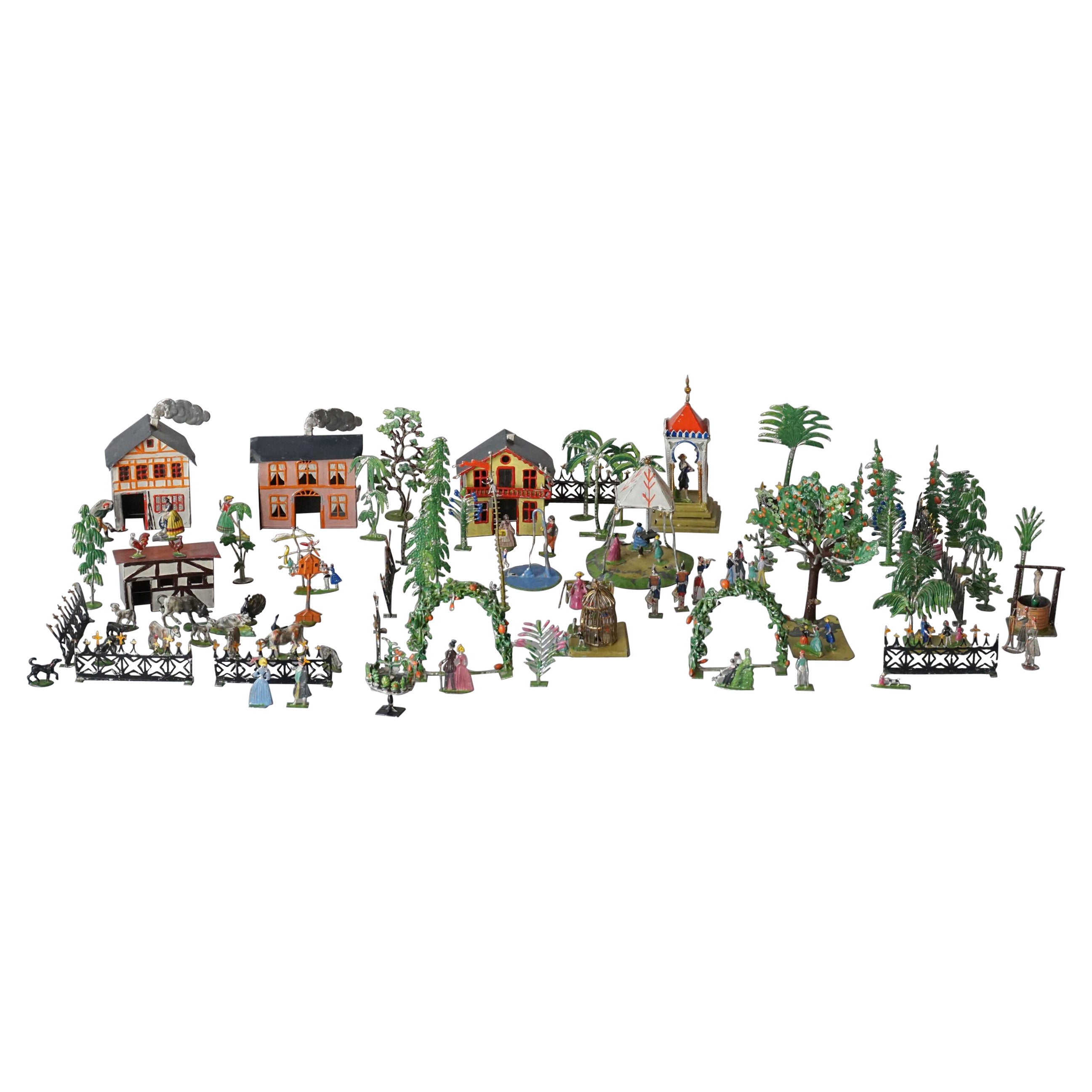 Collection de jouets miniatures édouardiens des années 1900 en étain - Animaux de la ferme, animaux et arbres de parc en vente