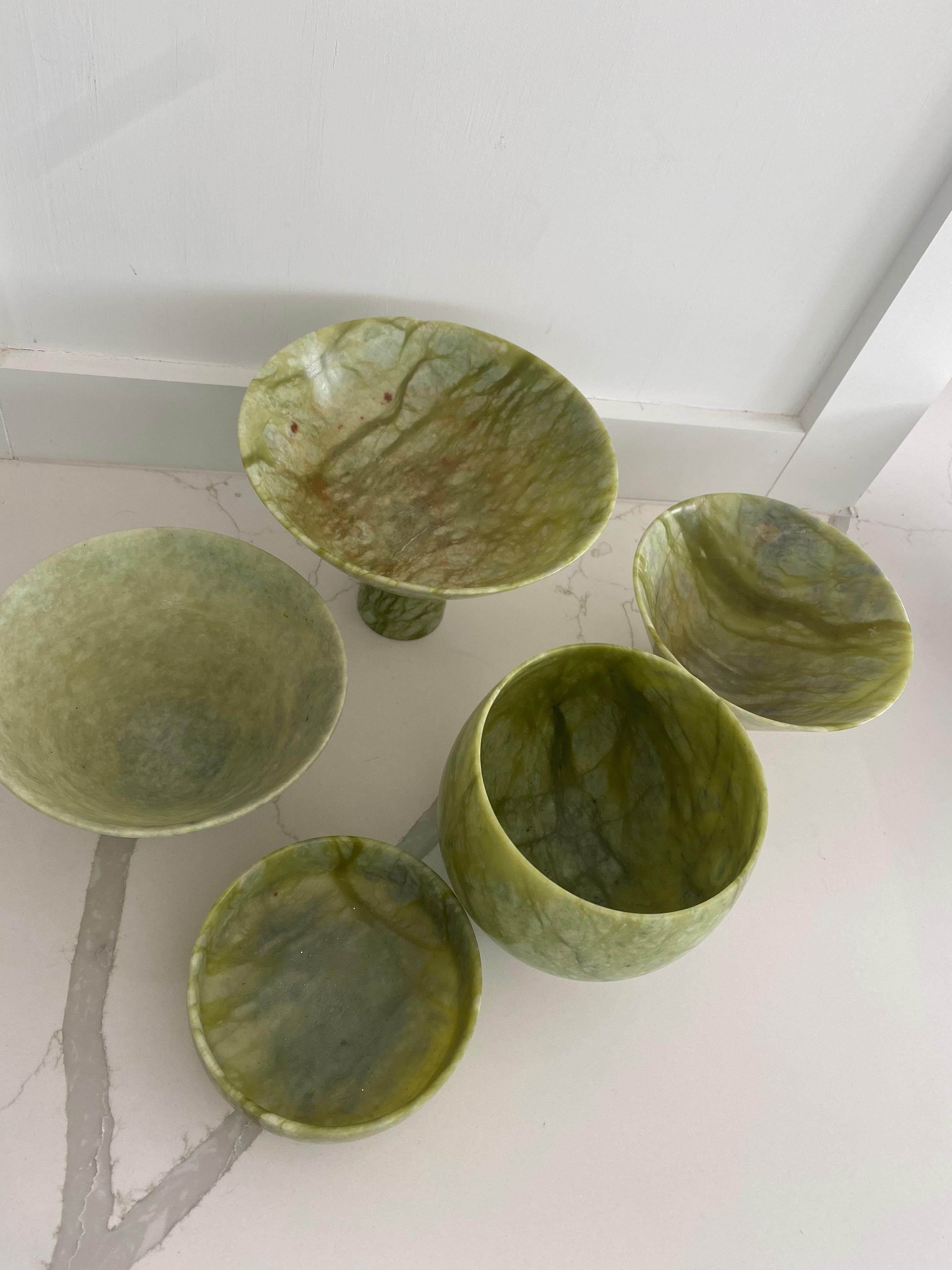 Modern Collection 5 jade? stone Chinese bowls green veined modern shapes  For Sale