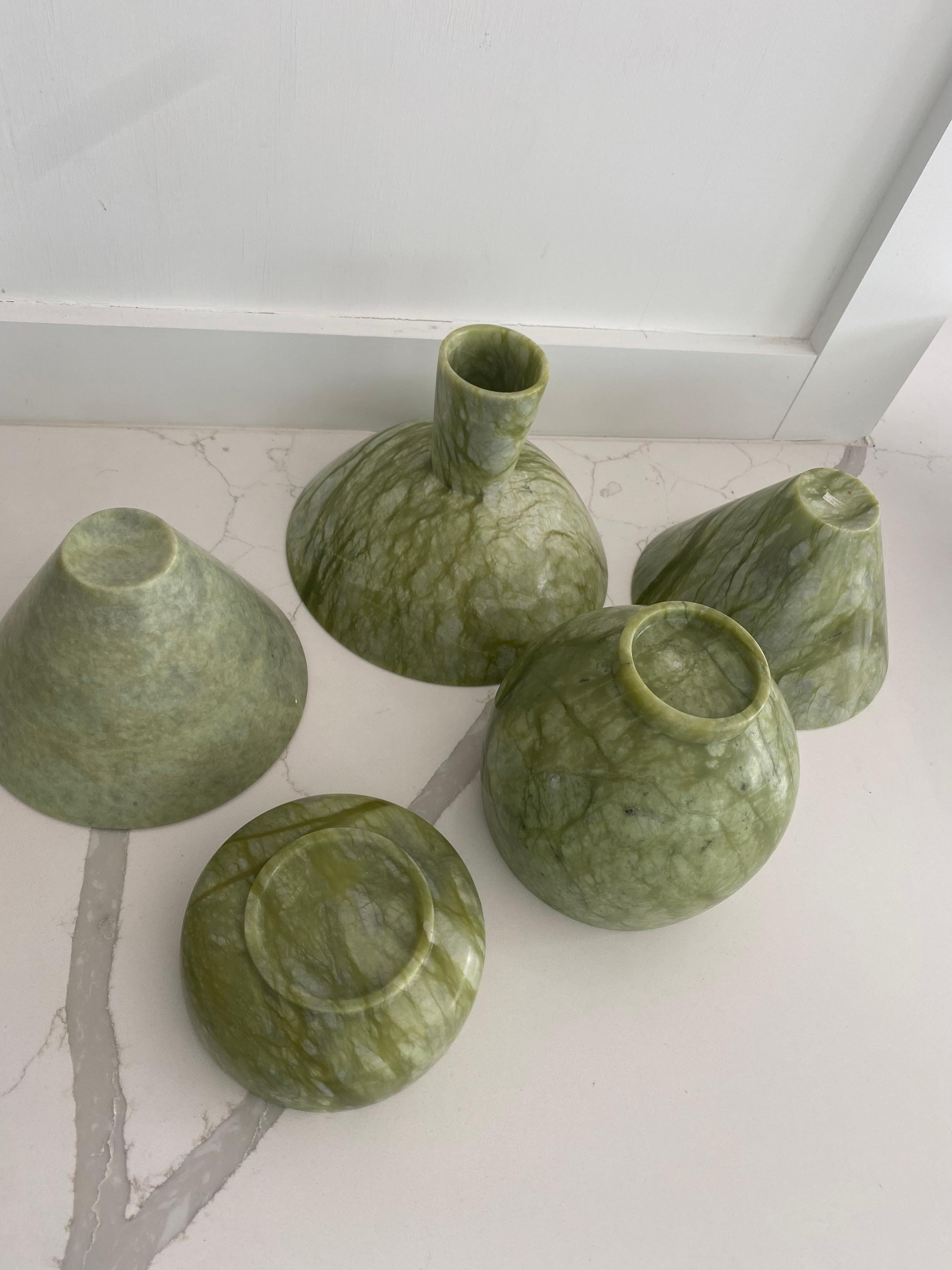 Carved Collection 5 jade? stone Chinese bowls green veined modern shapes  For Sale