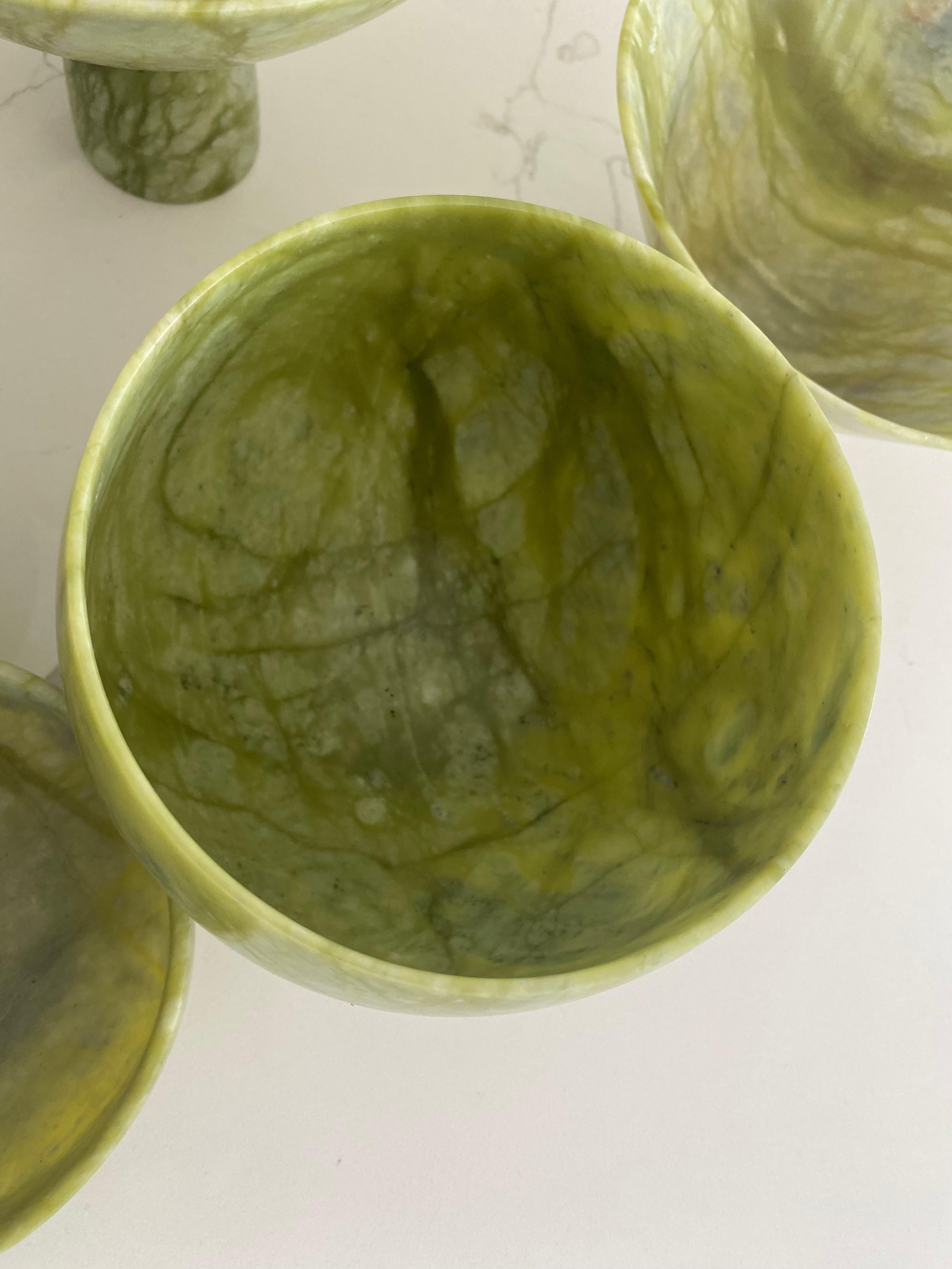 Collection 5 jade? stone Chinese bowls green veined modern shapes  For Sale 1