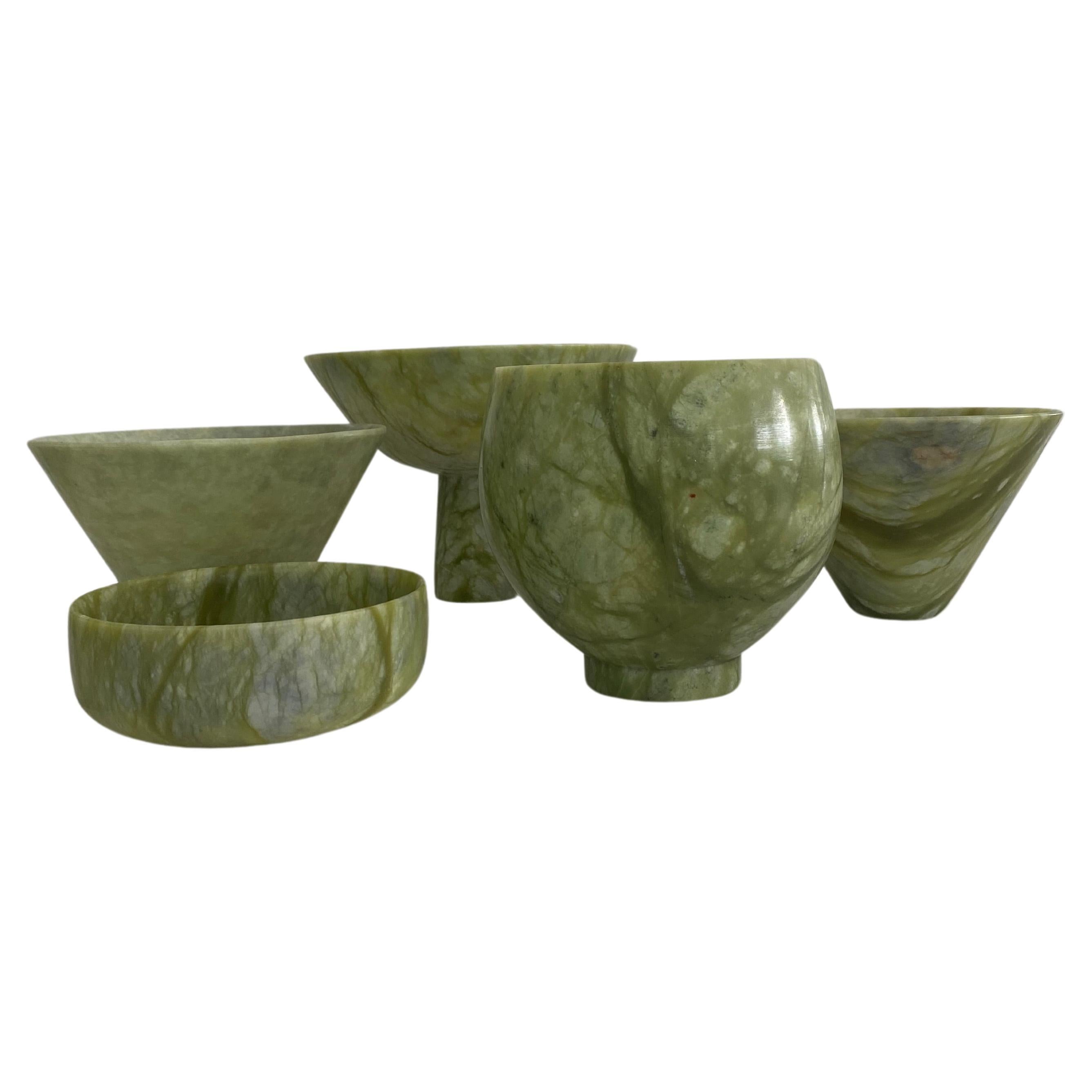Collection 5 jade? stone Chinese bowls green veined modern shapes  For Sale