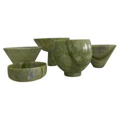 Collection 5 jade? stone Chinese bowls green veined modern shapes 