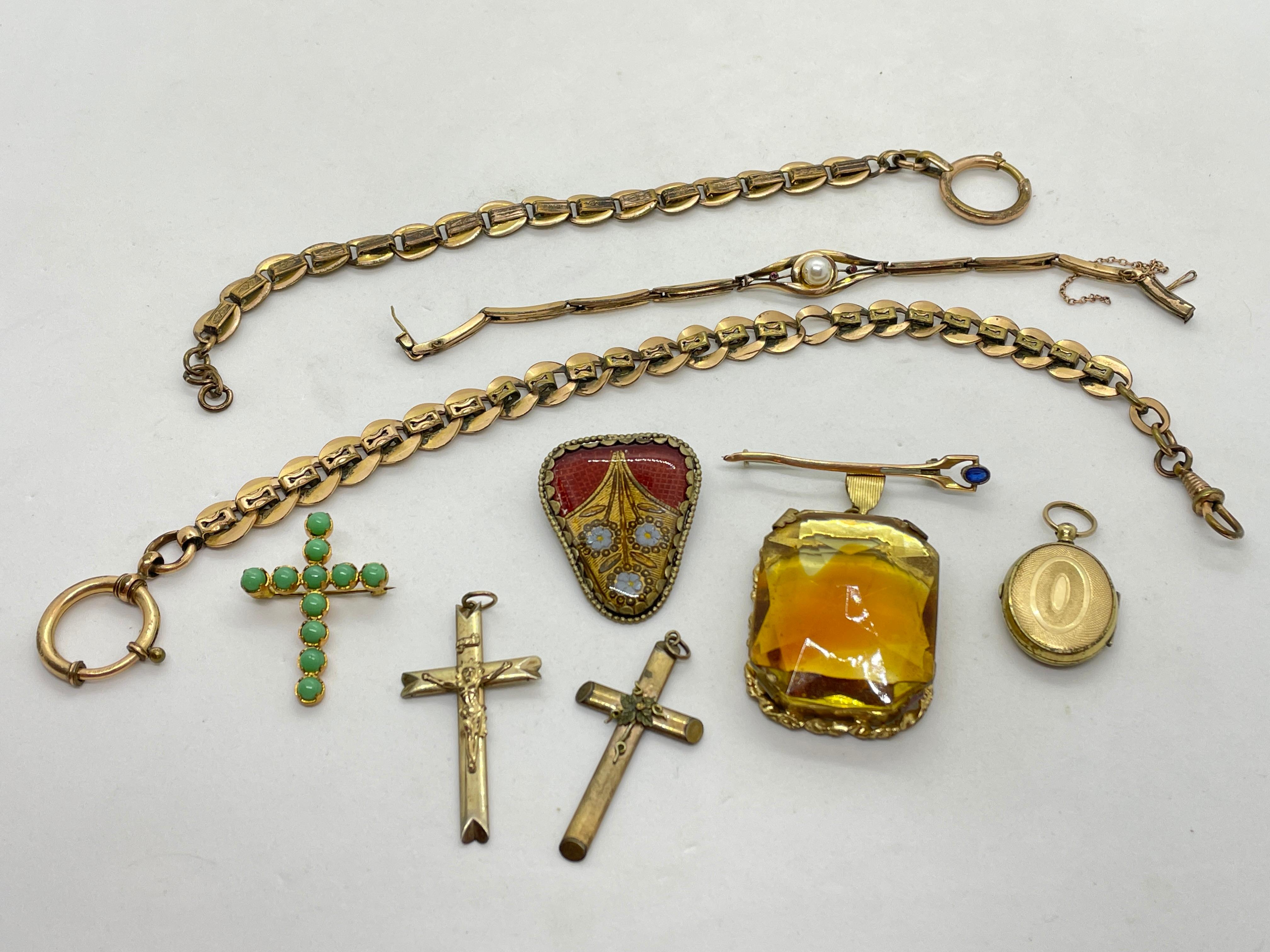 Allemand Collection de broches et pendentifs en chaîne de montre Art nouveau allemand ancien avec bijoux, années 1900 en vente