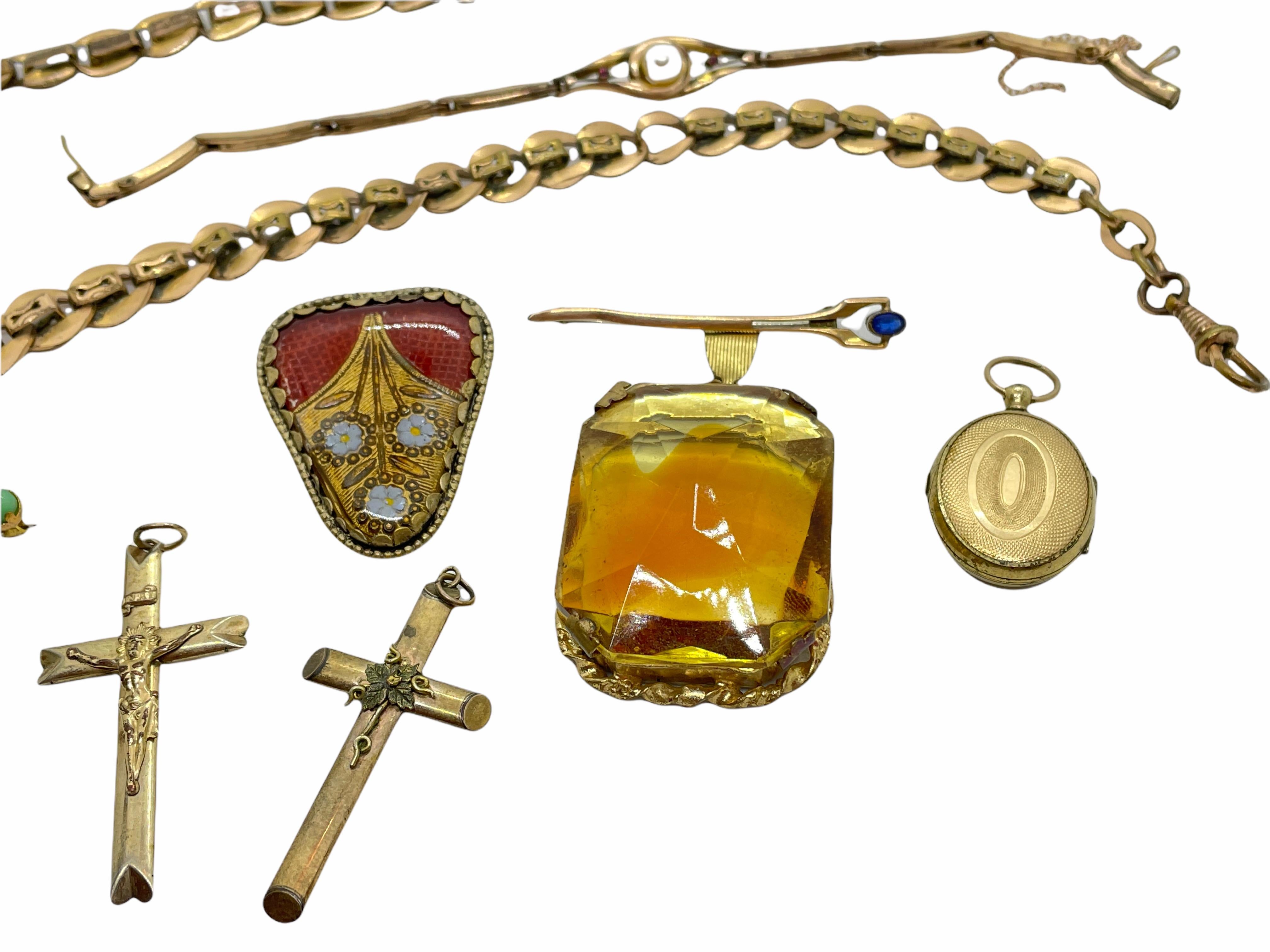 Bronze doré Collection de broches et pendentifs en chaîne de montre Art nouveau allemand ancien avec bijoux, années 1900 en vente