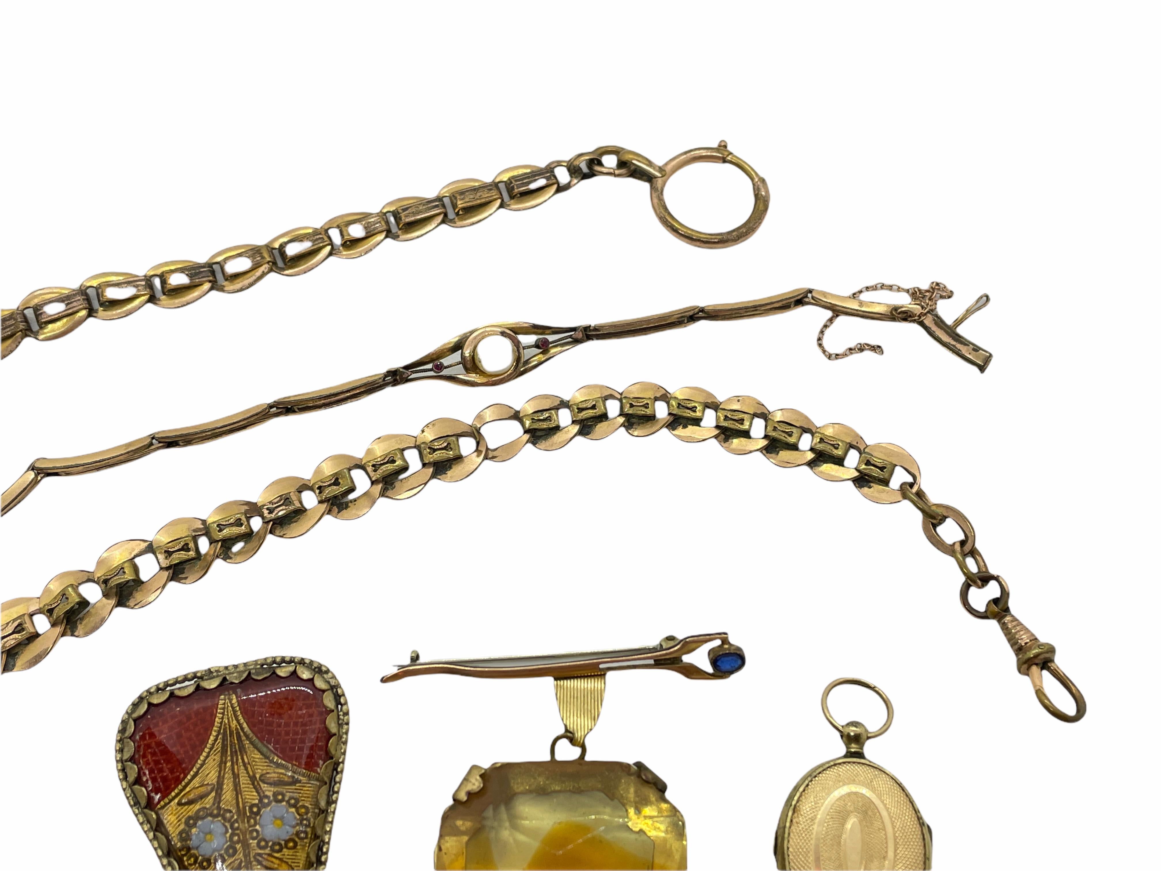 Collection de broches et pendentifs en chaîne de montre Art nouveau allemand ancien avec bijoux, années 1900 en vente 2