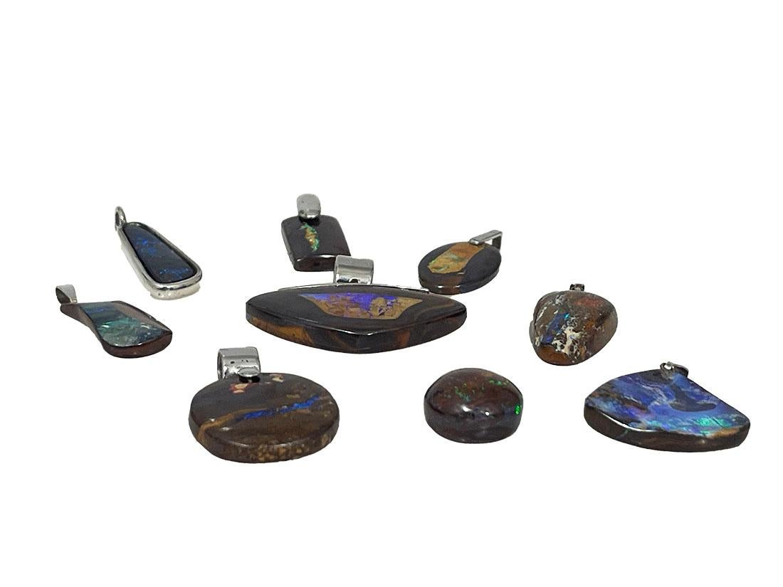 Oceanic Collection Boulder opal pendants with silver For Sale