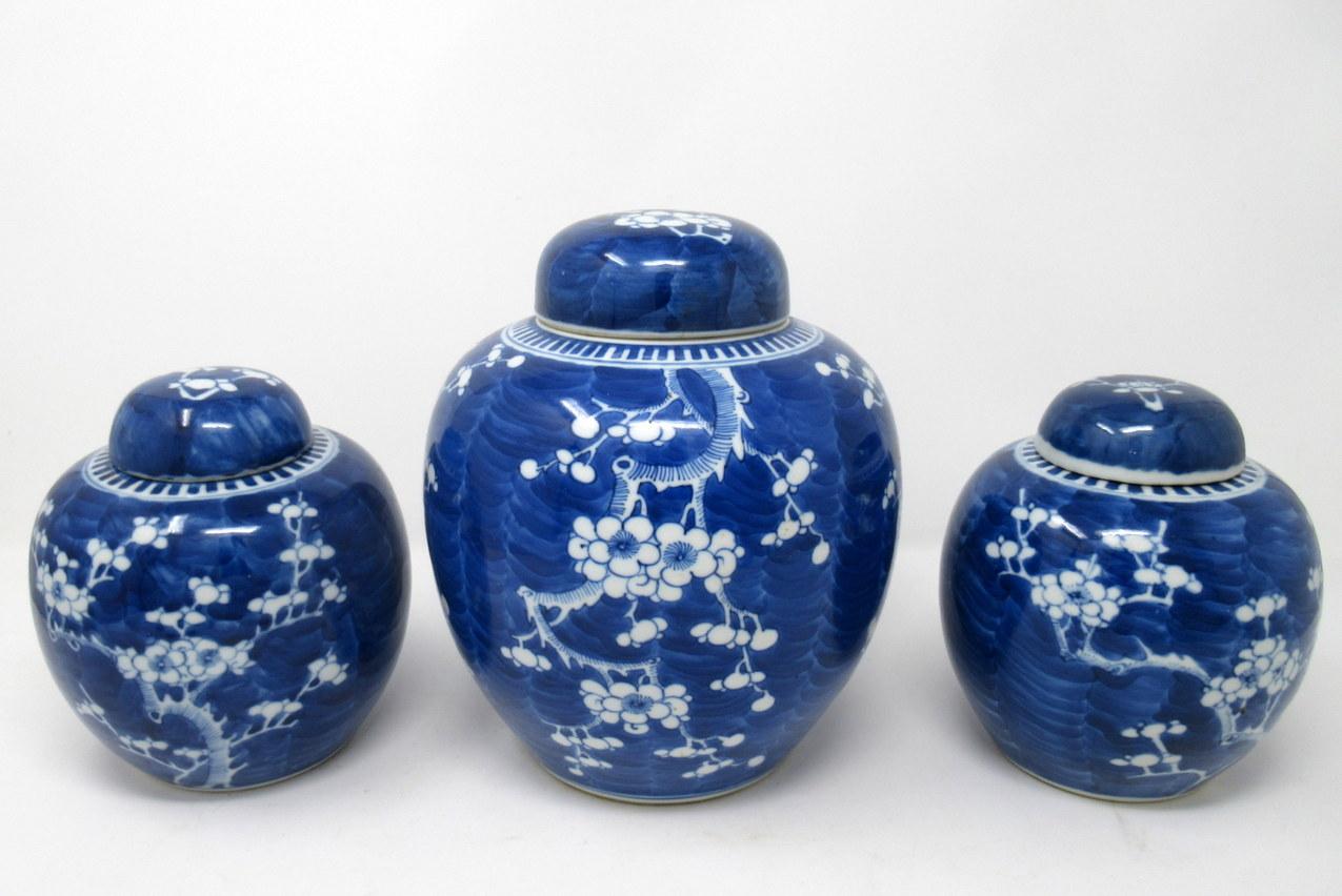 Collection Chinese Export Ginger Jars Prunus Blossoms Cracked Ice Pattern 19thCt In Good Condition In Dublin, Ireland