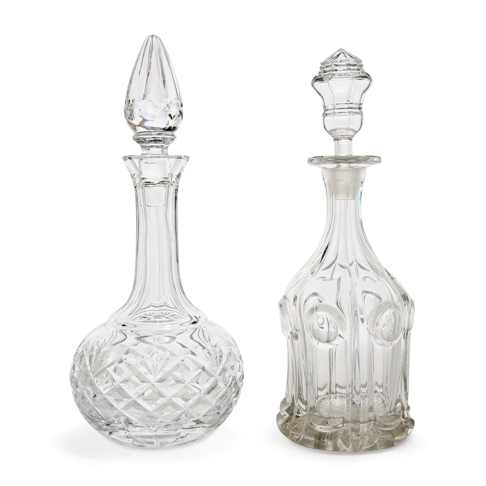 Collection Continental Cut Engraved Glass Decanters Dessert Glasses 
Continental, 20th Century 
Glass: Height 12cm, diameter 11cm
Tallest decanter: Height 34cm, diameter 15cm

This striking seven-piece glassware set includes four distinctive