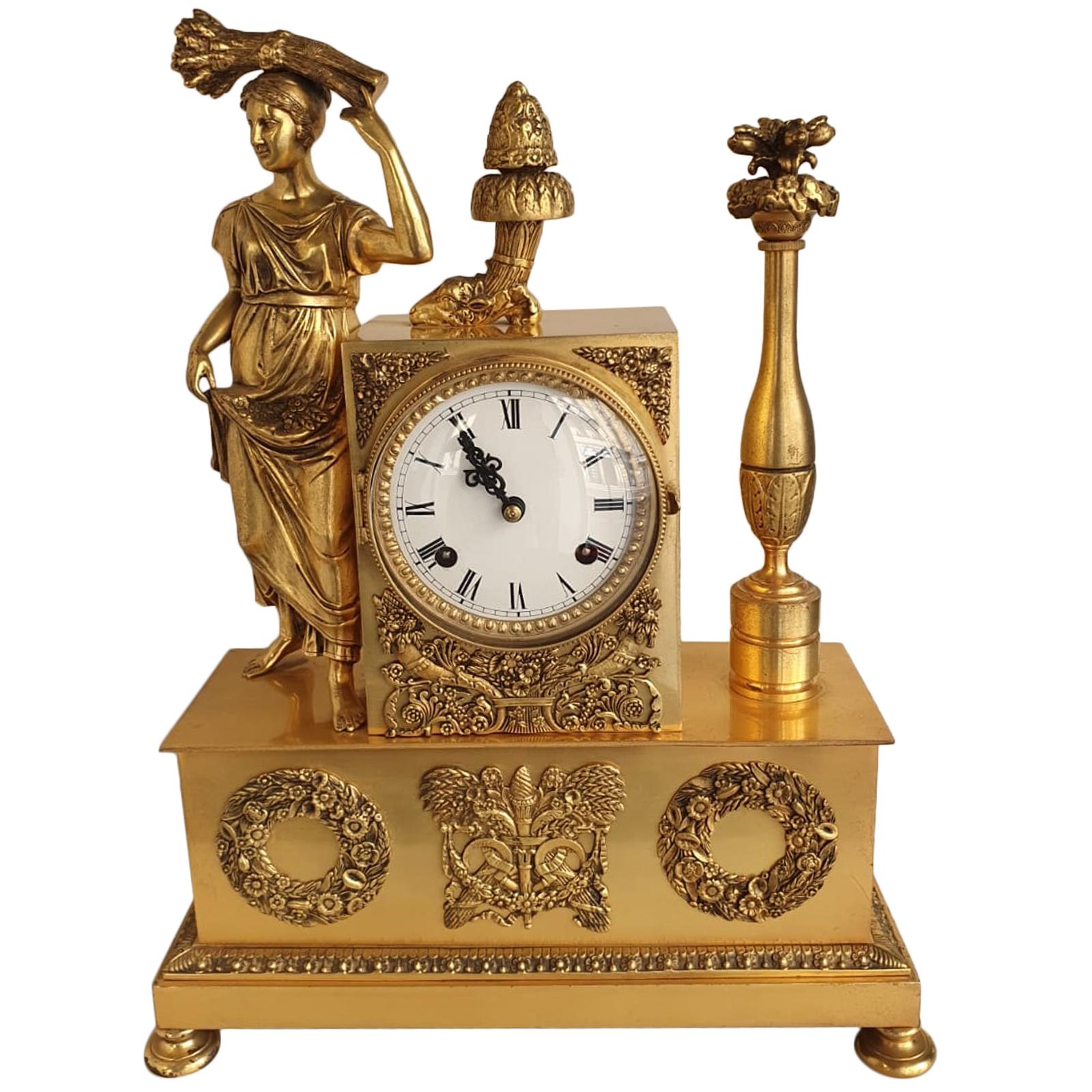 Collection D'art "L 'Abondance" Bronze Clock with Gilding in Pure Gold For Sale
