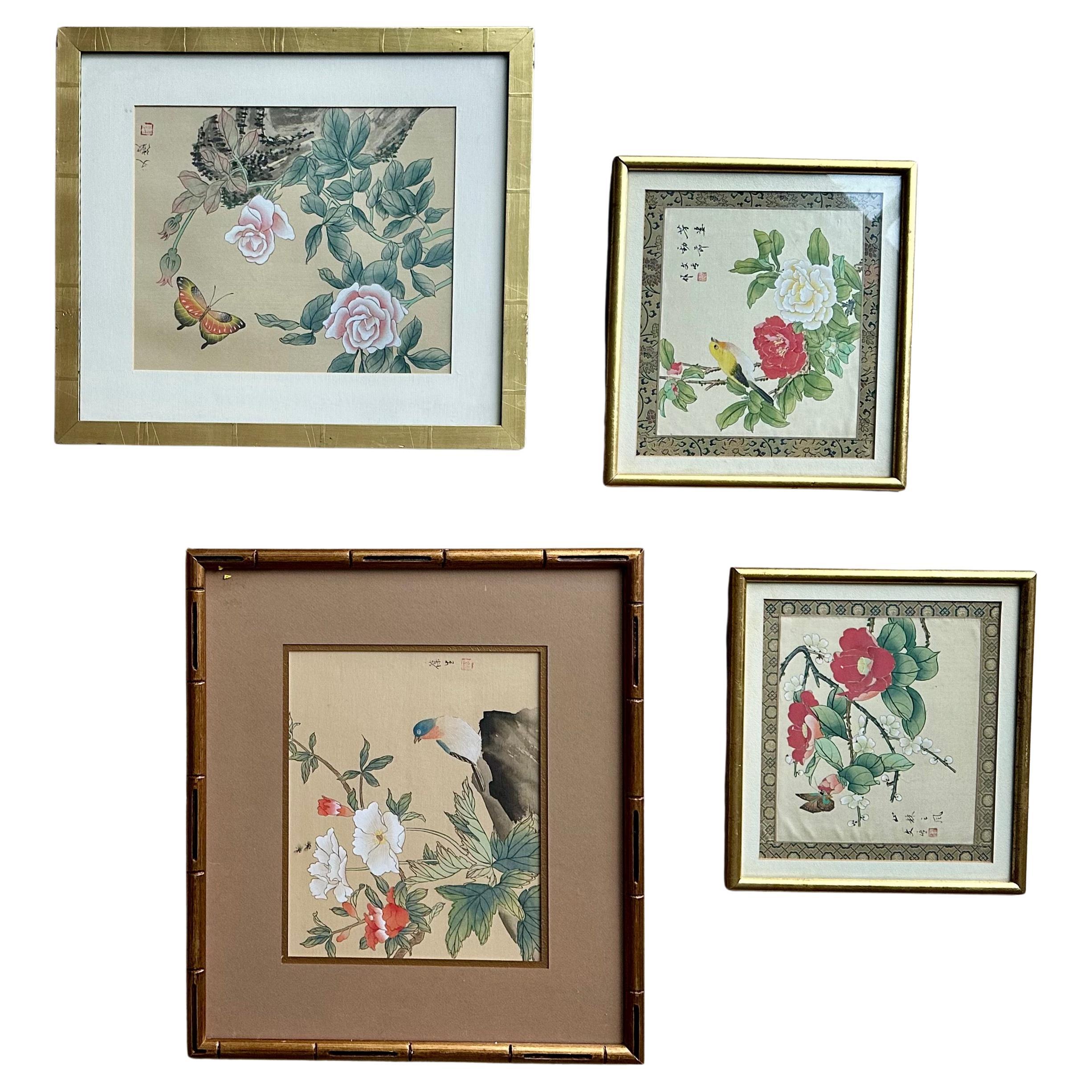 Collectional quatre peintures japonaises asiatiques encadrées en soie avec aquarelle