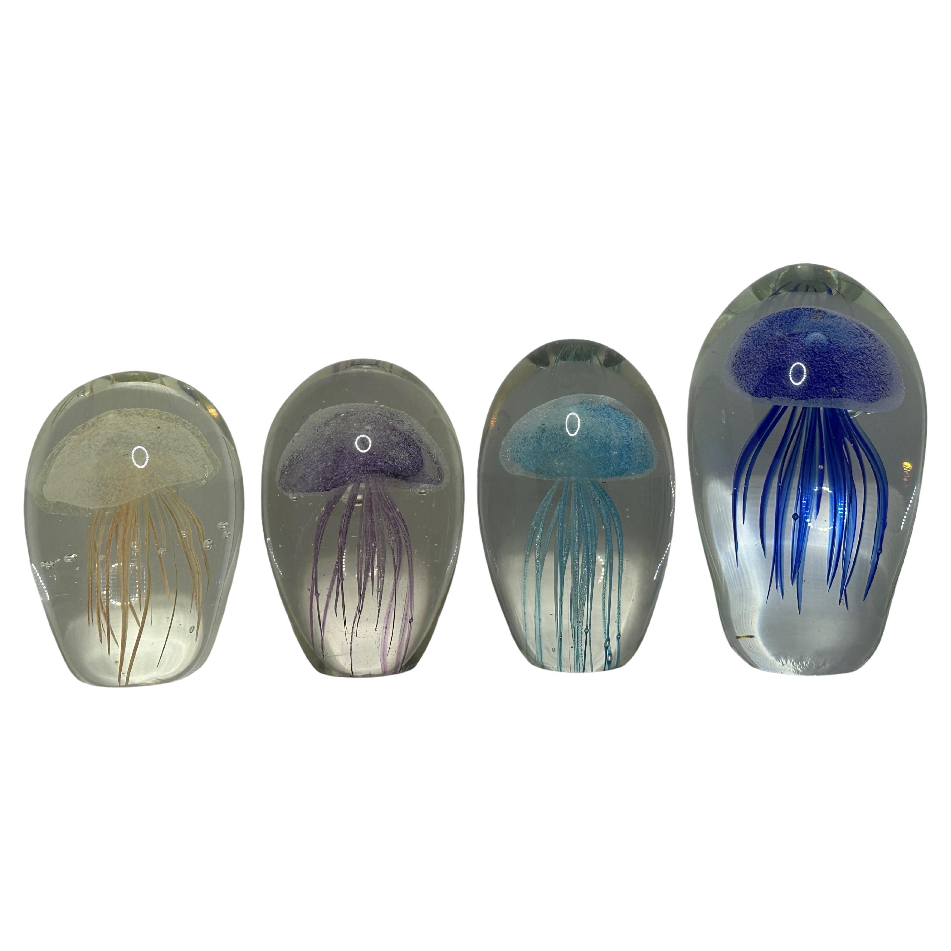 Collection Four Jelly Fish Murano Italian Art Glass Aquarium Paperweights Statue