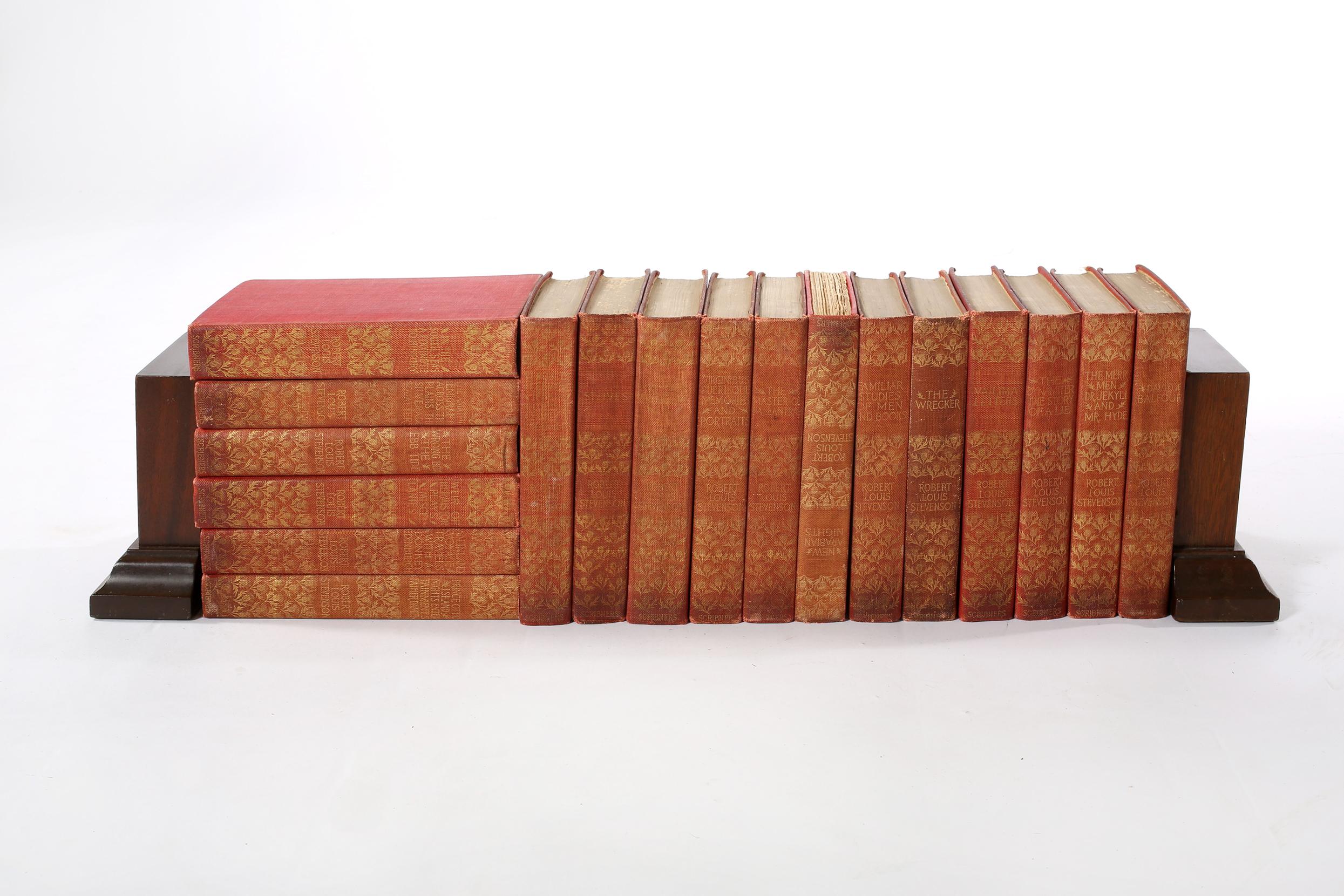 Collection of gilt leather bound library book set of eighteen volumes. Letters and miscellanies of Robert Louis Stevenson, November 1890-October 1894. Published in New York by Charles Scribner's Sons, 1898. Each book is in good condition. Minor wear