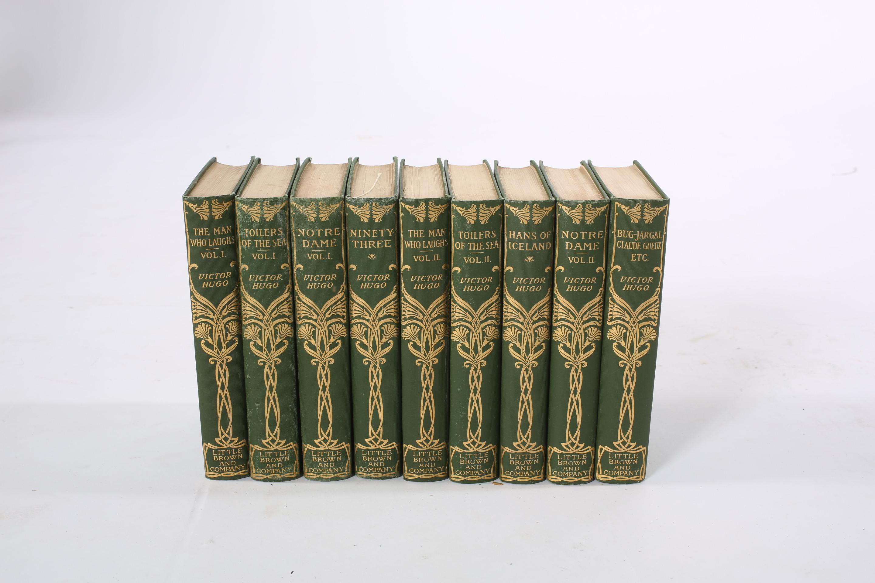 Collection of gilt leather bound library book set of eight volumes. The Romances of Victor Hugo. 