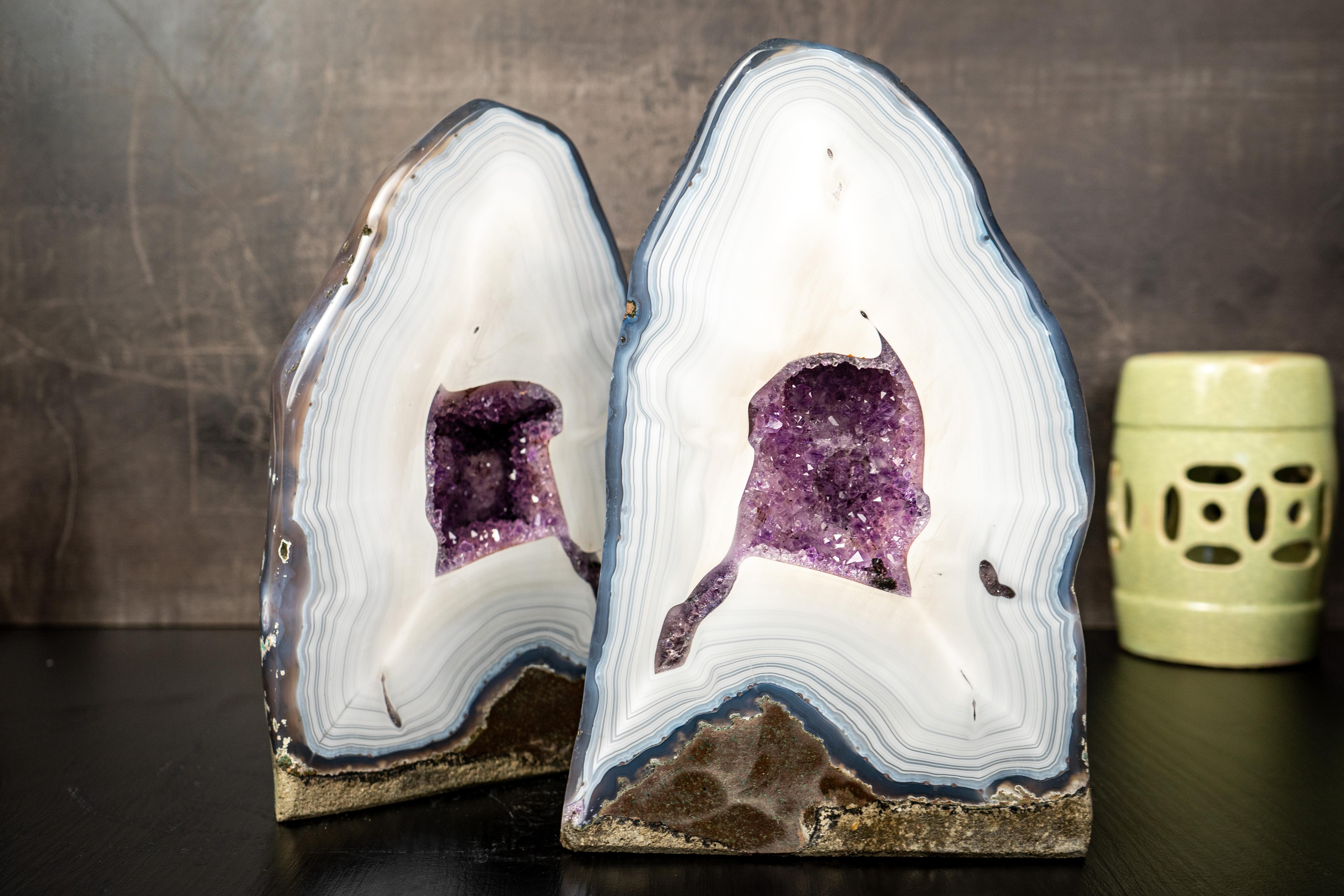 Brazilian Collection-Grade Pair of White Lace Agate Geodes with Violet Druzy Cave For Sale