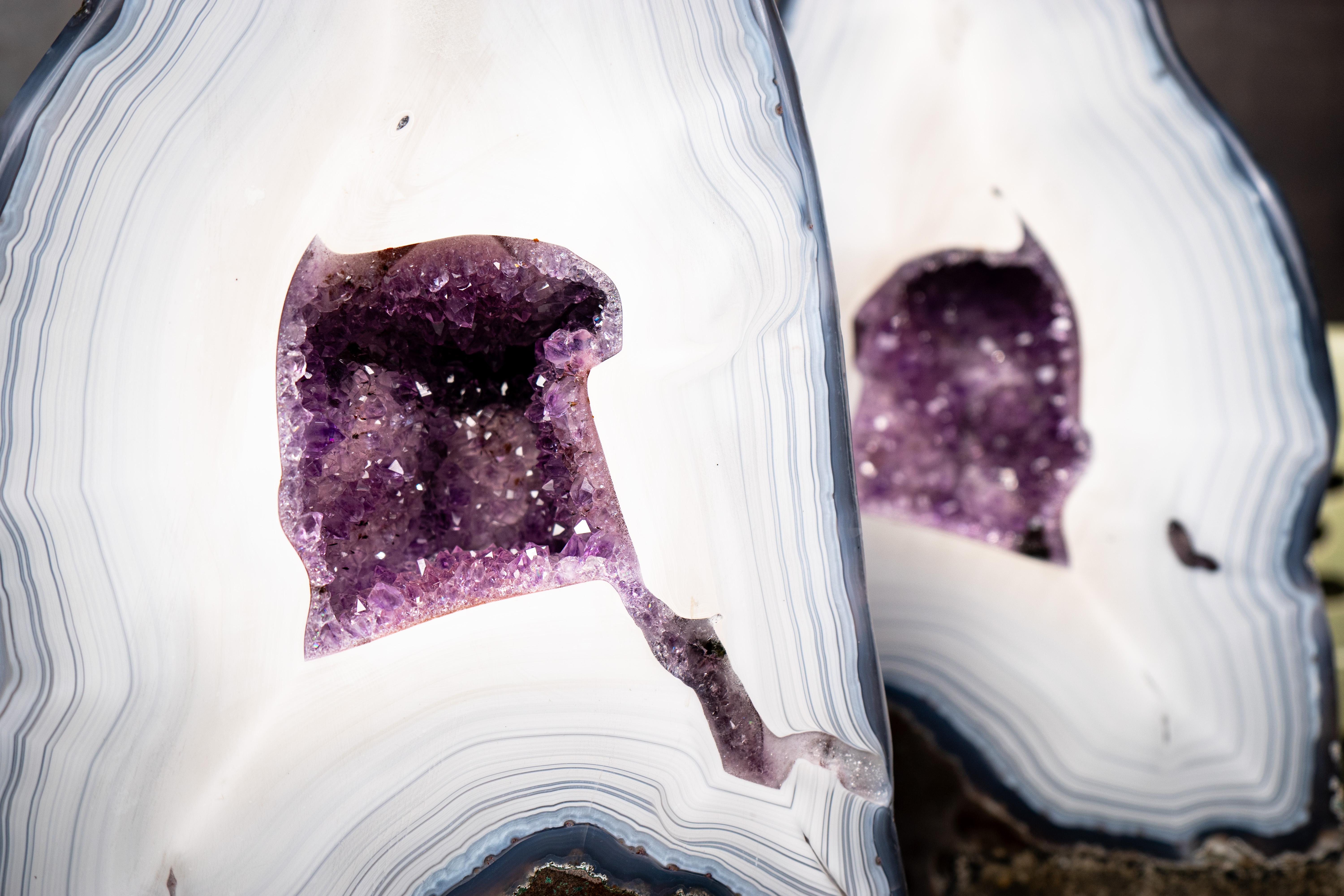 Contemporary Collection-Grade Pair of White Lace Agate Geodes with Violet Druzy Cave For Sale