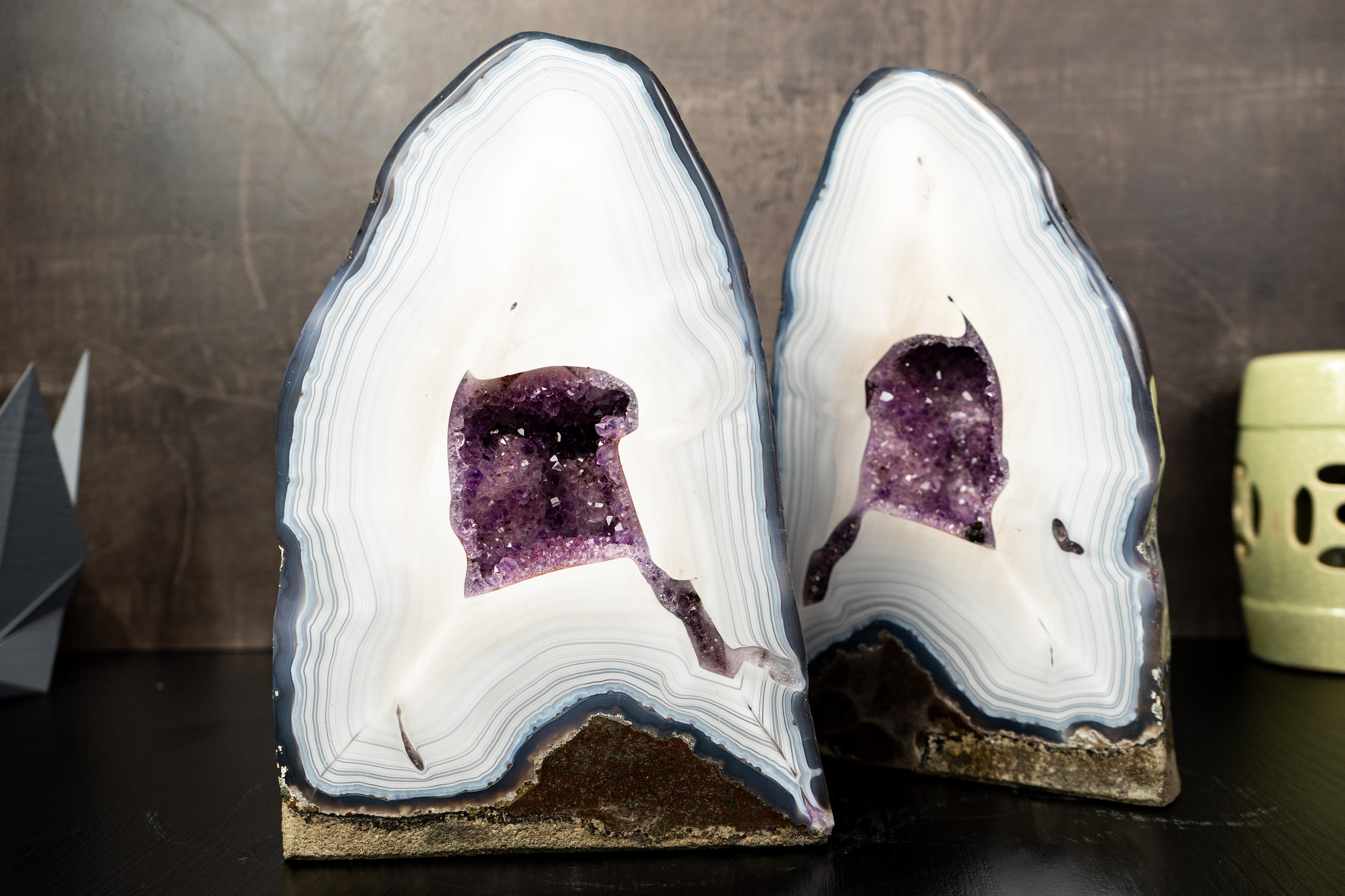 Crystal Collection-Grade Pair of White Lace Agate Geodes with Violet Druzy Cave For Sale