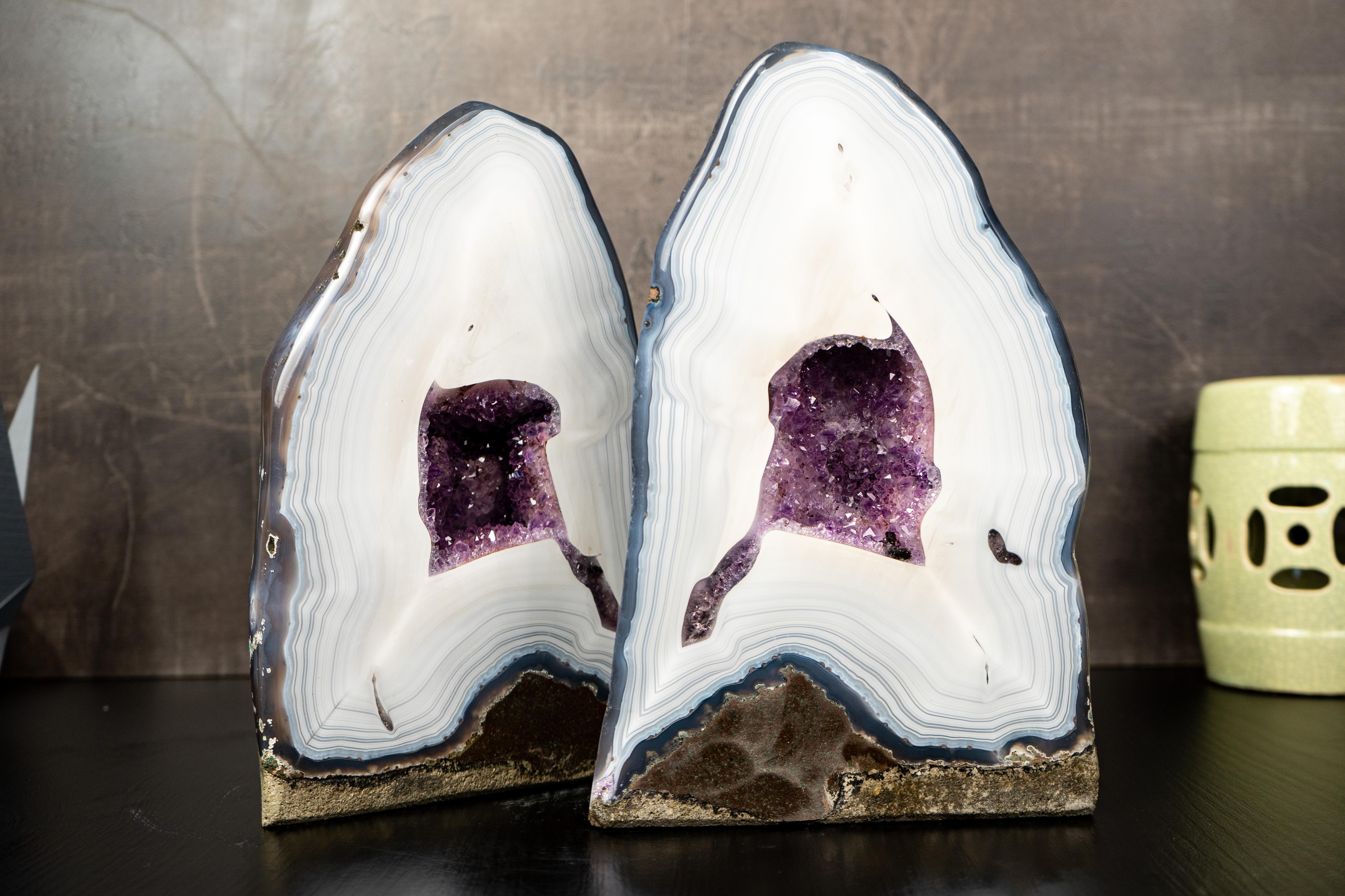 Collection-Grade Pair of White Lace Agate Geodes with Violet Druzy Cave For Sale 1
