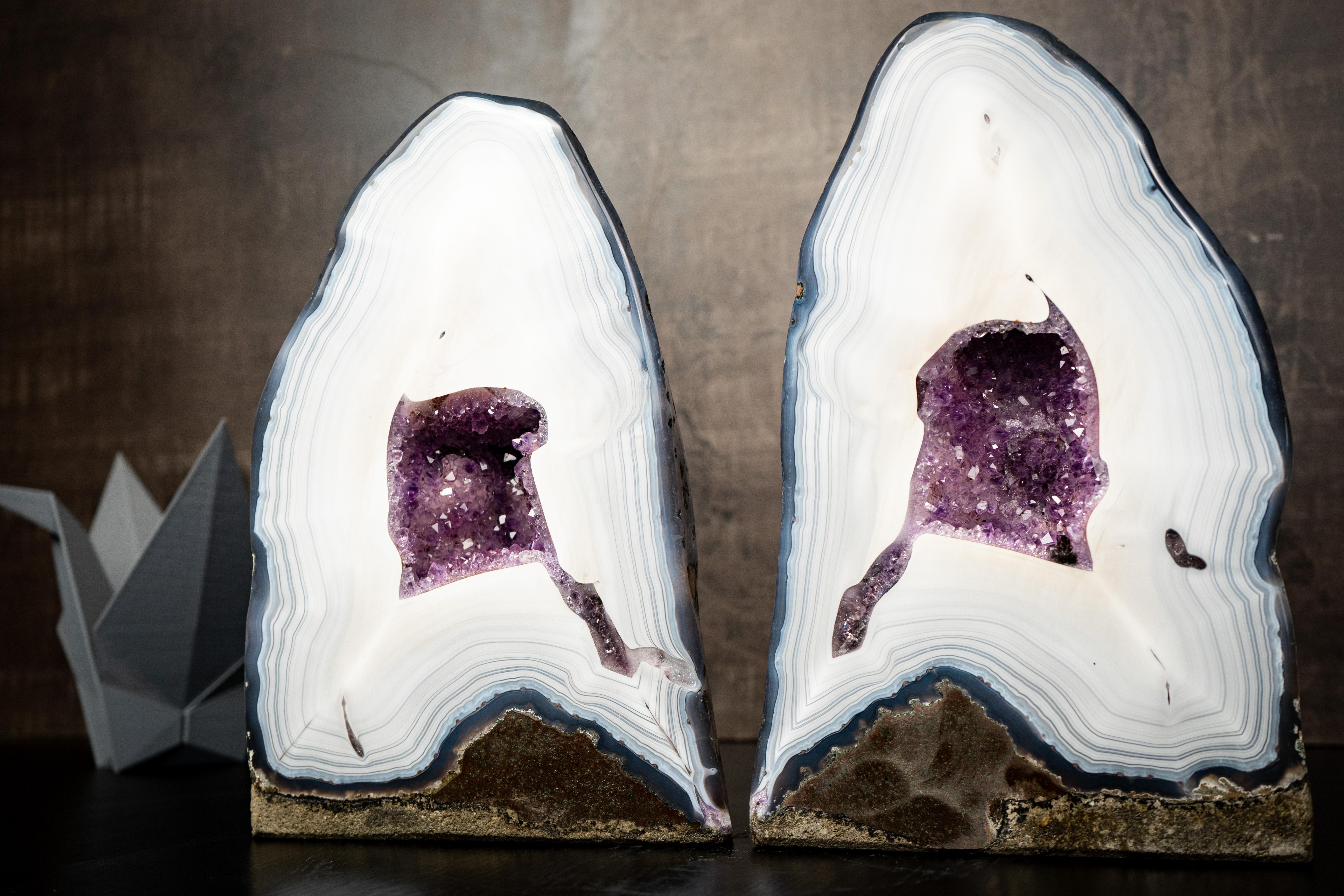 Collection-Grade Pair of White Lace Agate Geodes with Violet Druzy Cave For Sale 2