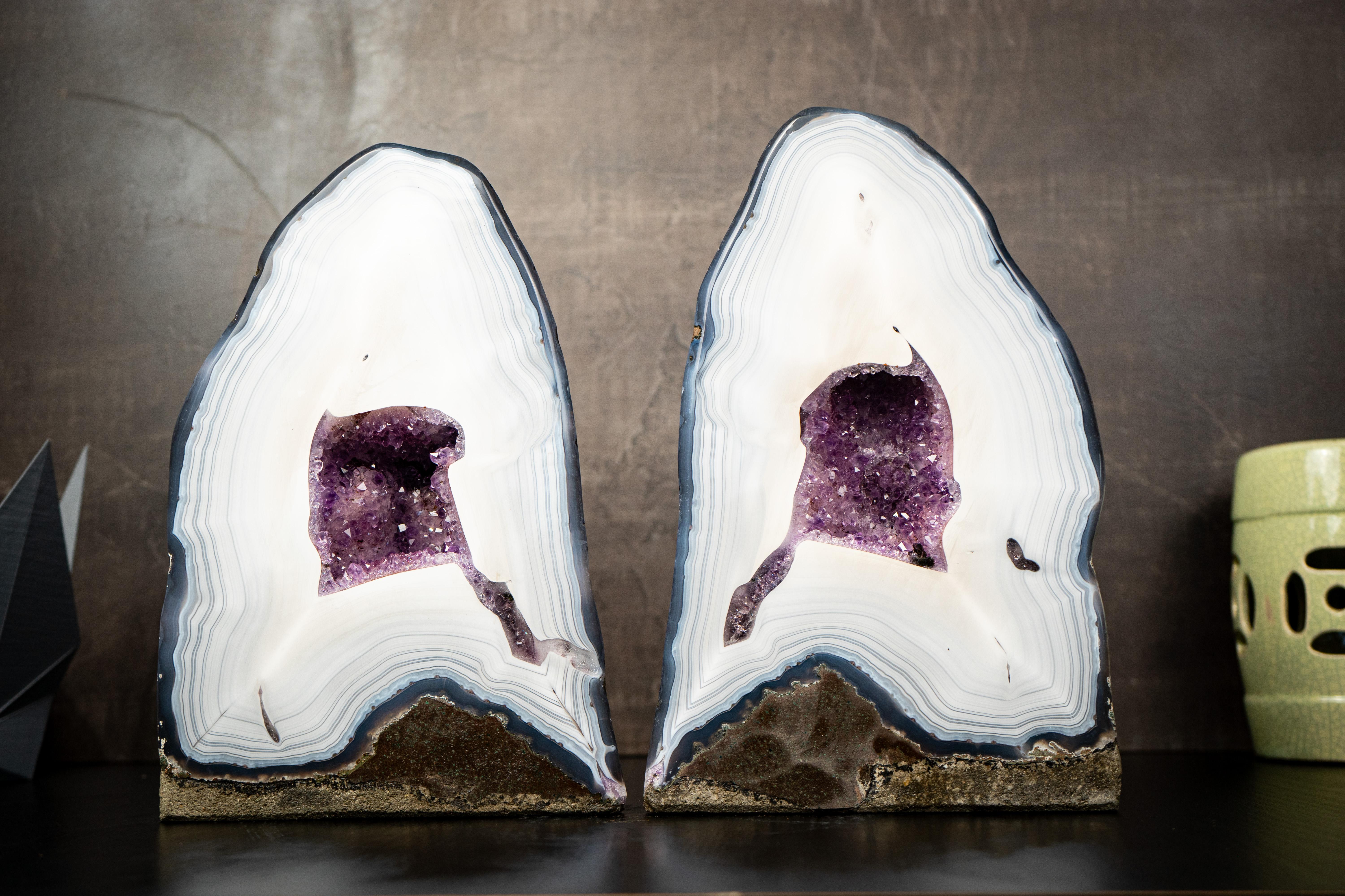 Collection-Grade Pair of White Lace Agate Geodes with Violet Druzy Cave For Sale 3
