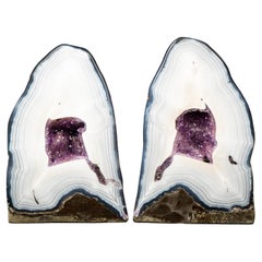 Pareja de Geodas de Ágata Blanca con Cueva de Druzy Violeta