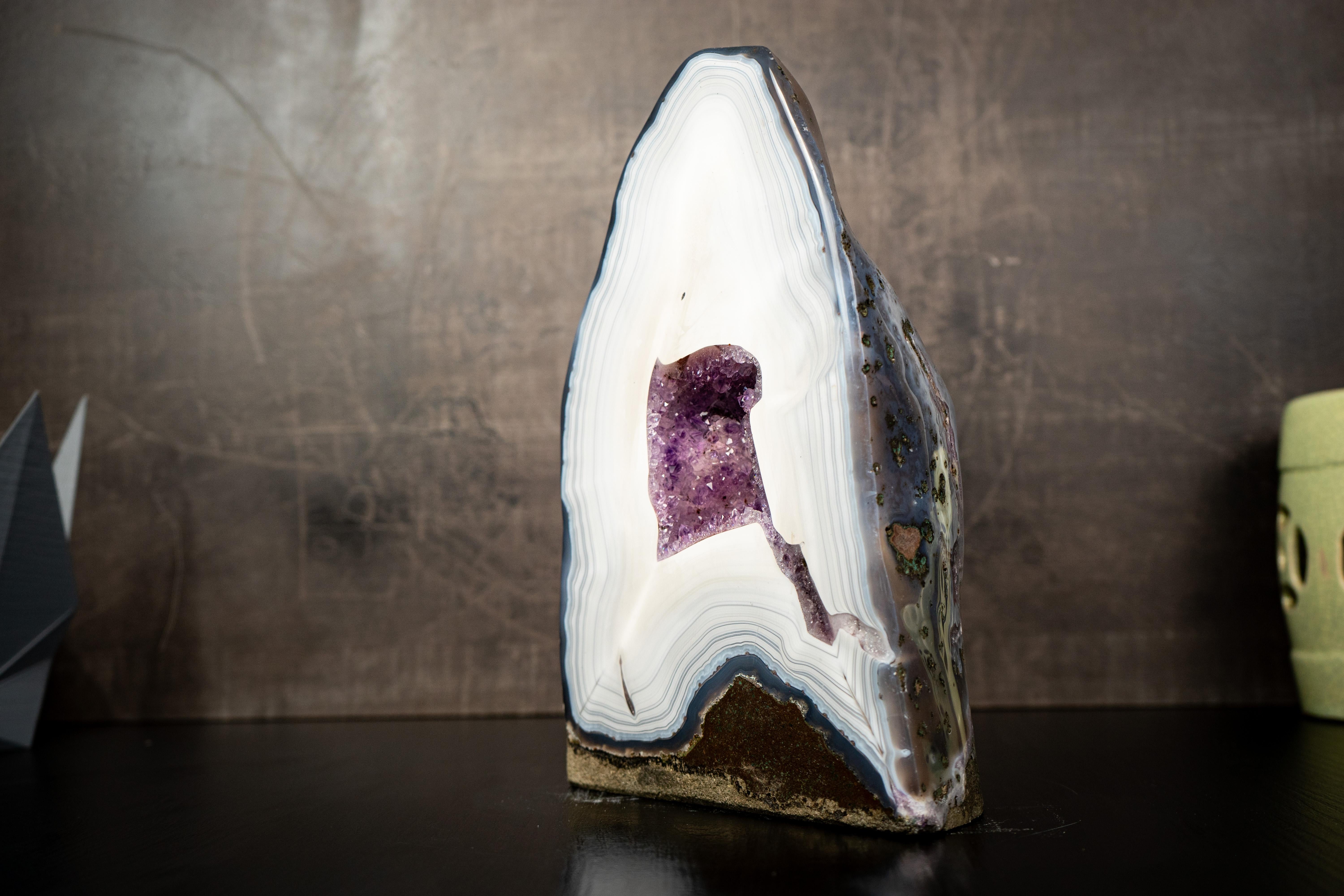 Brazilian Collection-Grade White Lace Agate Geode with Violet Druzy Cave For Sale