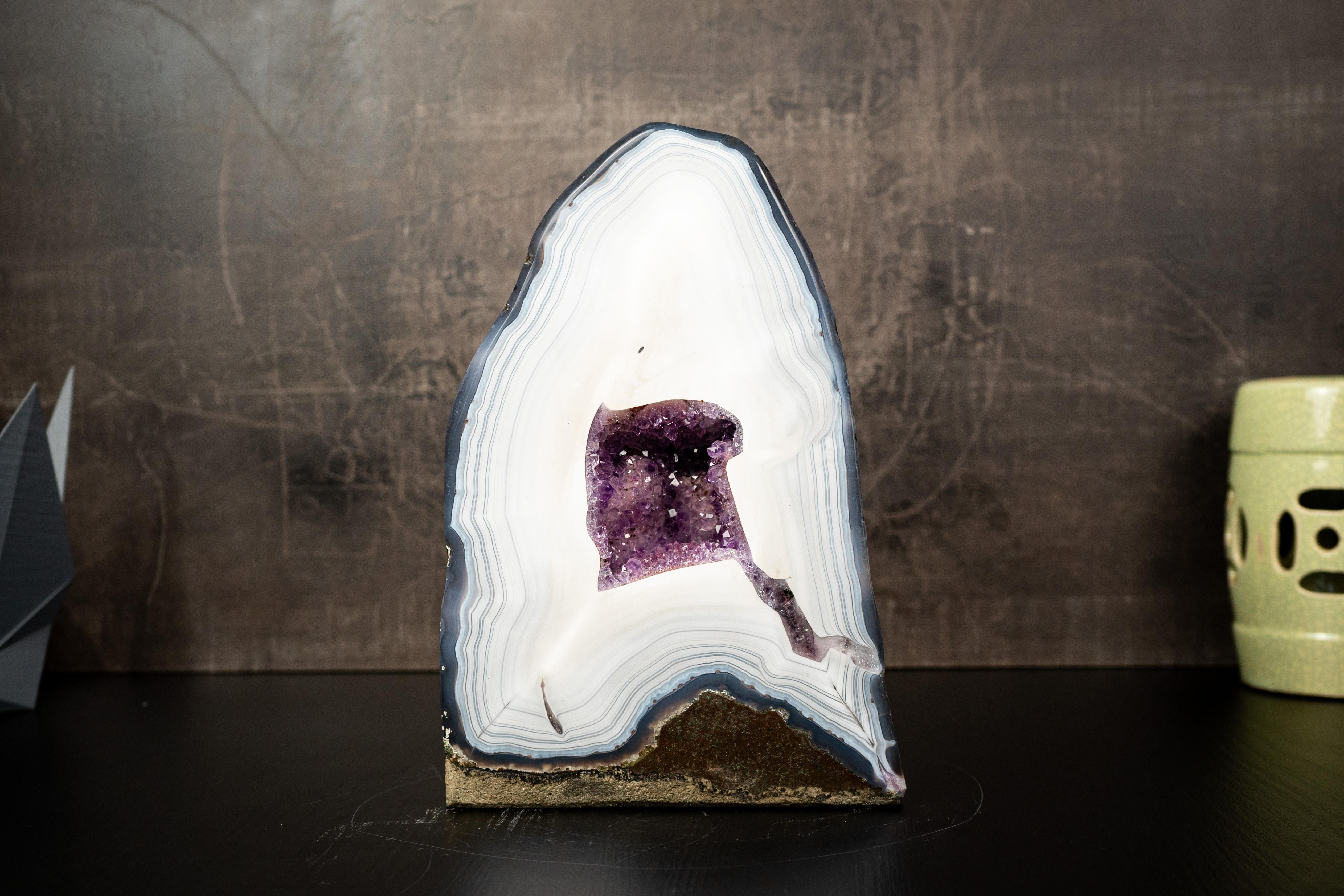 Contemporary Collection-Grade White Lace Agate Geode with Violet Druzy Cave For Sale