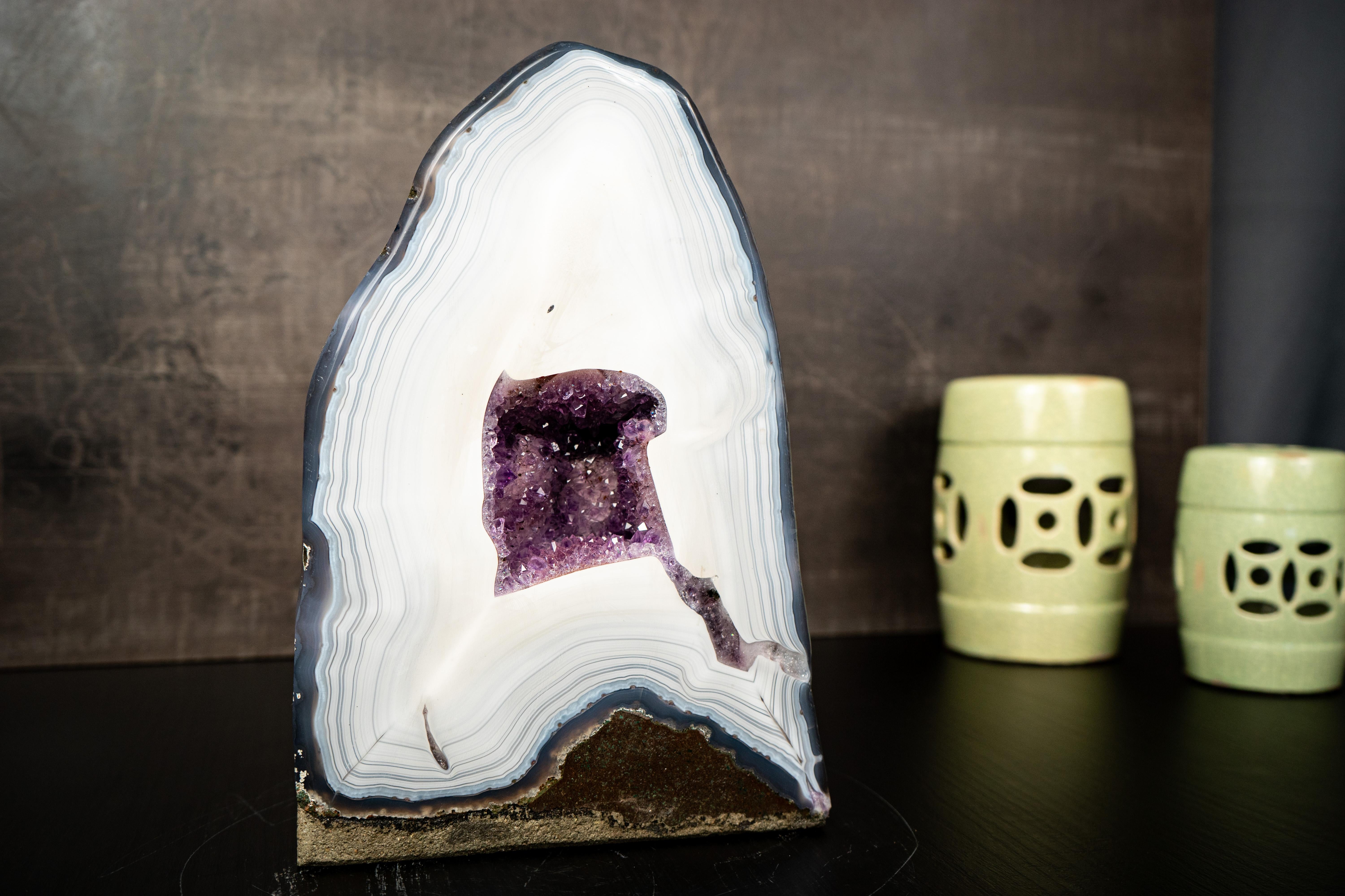 Crystal Collection-Grade White Lace Agate Geode with Violet Druzy Cave For Sale