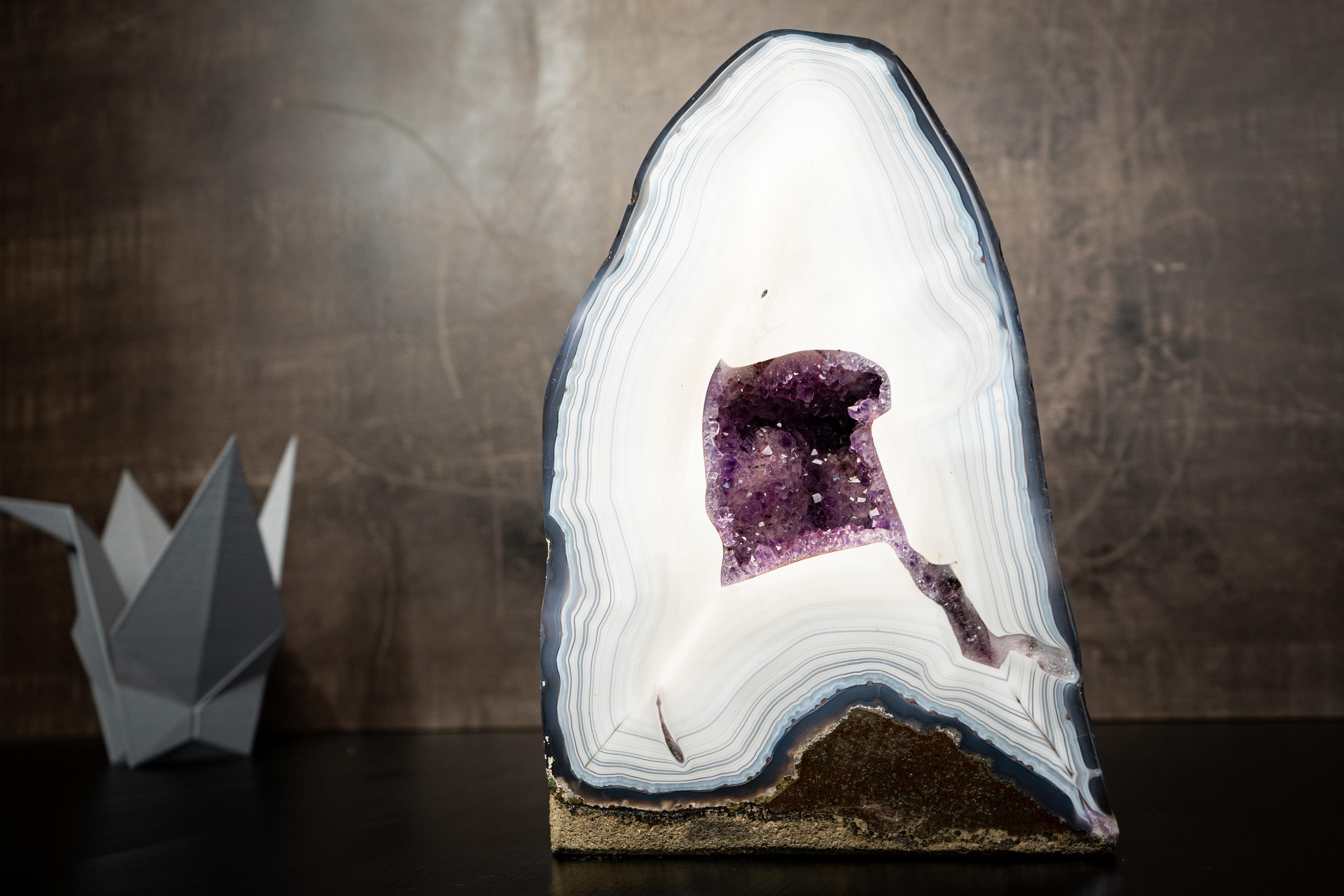 Collection-Grade White Lace Agate Geode with Violet Druzy Cave For Sale 2