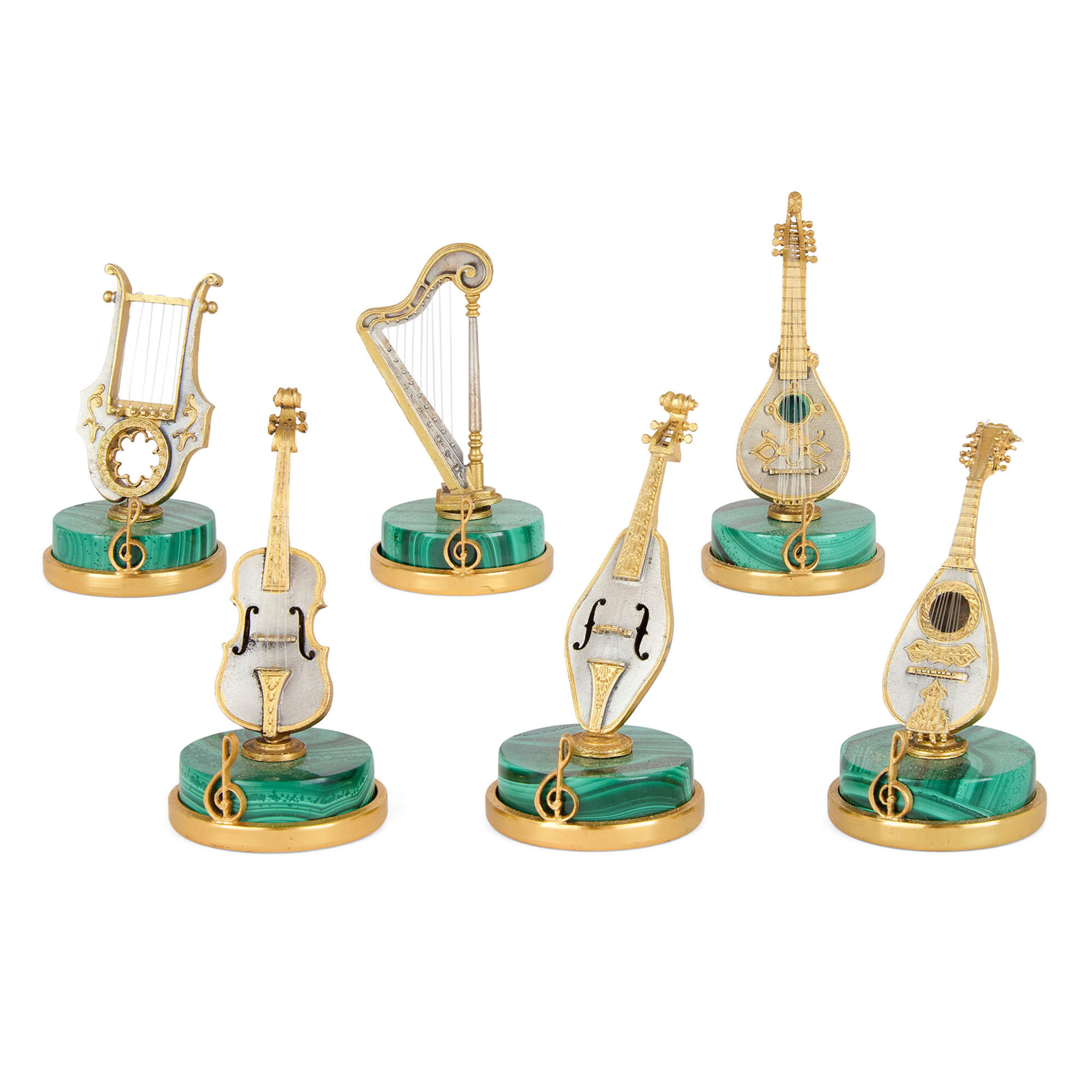 Collection Italian Miniature Green Malachite Silver Vermeil Musical Instruments