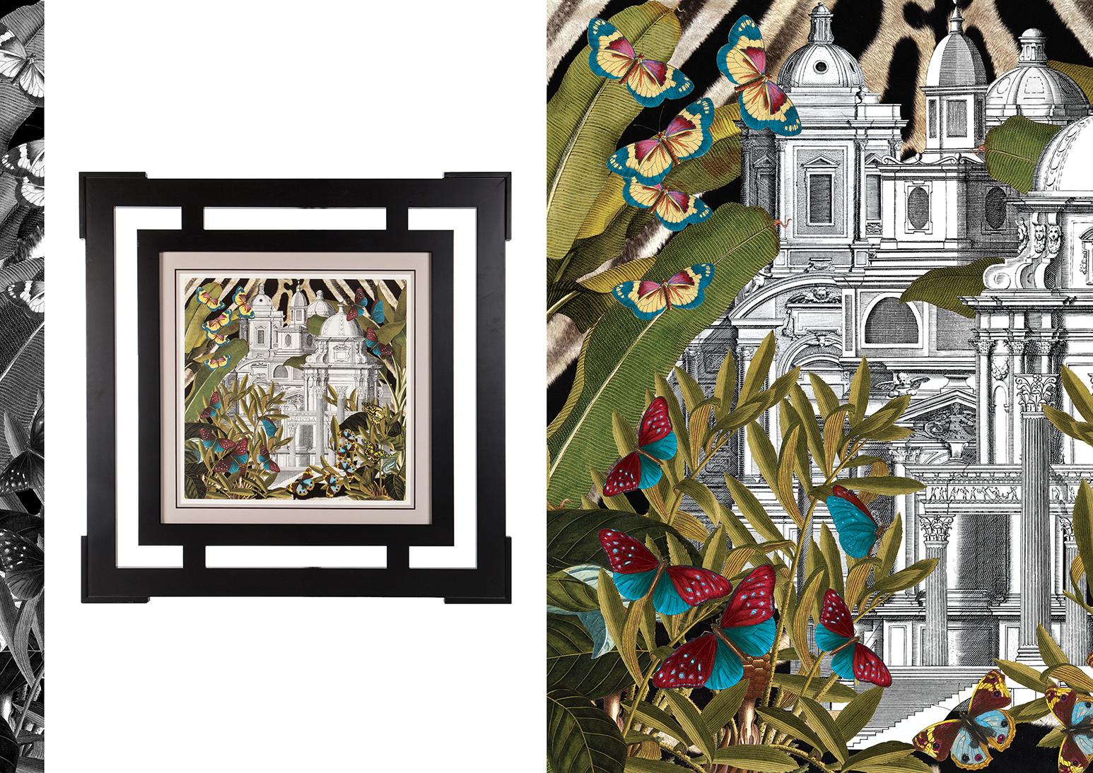 Multicolor numbered giclèe print on 100% cotton paper. Hand detailed taupe passepartout. Lacquered black Tulipier wood designer frame.
From the Jungle Dome collection designed by Massimiliano Giornetti long time creative director for Salvatore