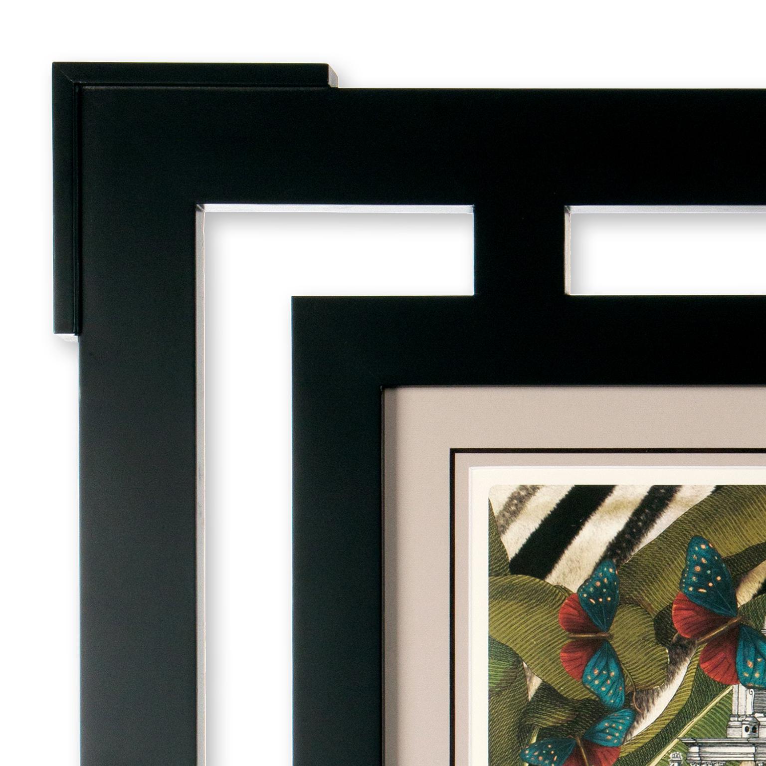 Multicolor numbered giclèe print on 100% cotton paper. Hand detailed taupe passepartout. Lacquered black Tulipier wood designer frame.
From the Jungle Dome collection designed by Massimiliano Giornetti long time creative director for Salvatore