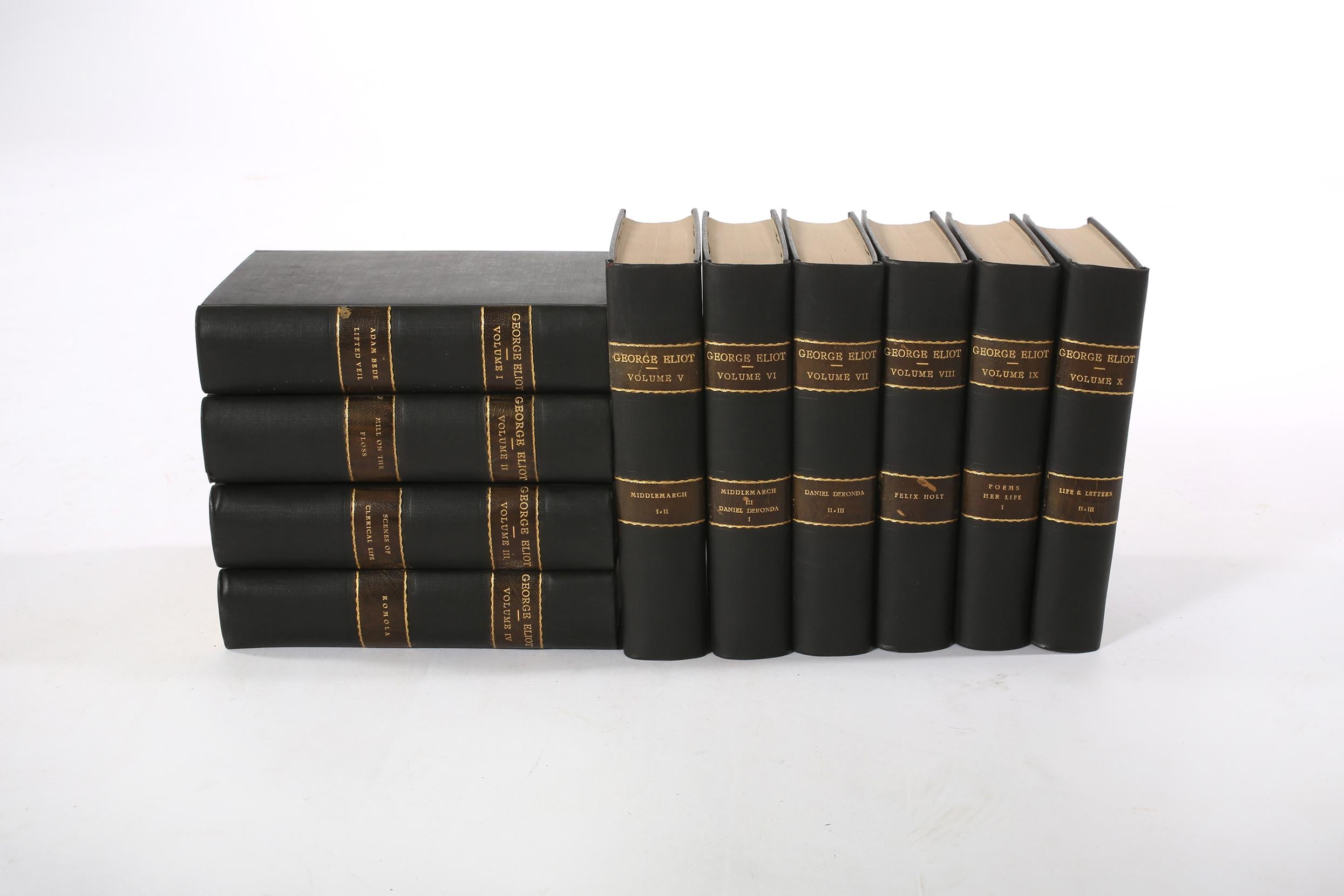 Collection of gilt leather bound library book set of ten volumes. The complete works of George Eliot with photogravire illustrations from new drawings by Gertrude Demain Hammond & Frederick L Stoddards. London / New York. Each book is in great