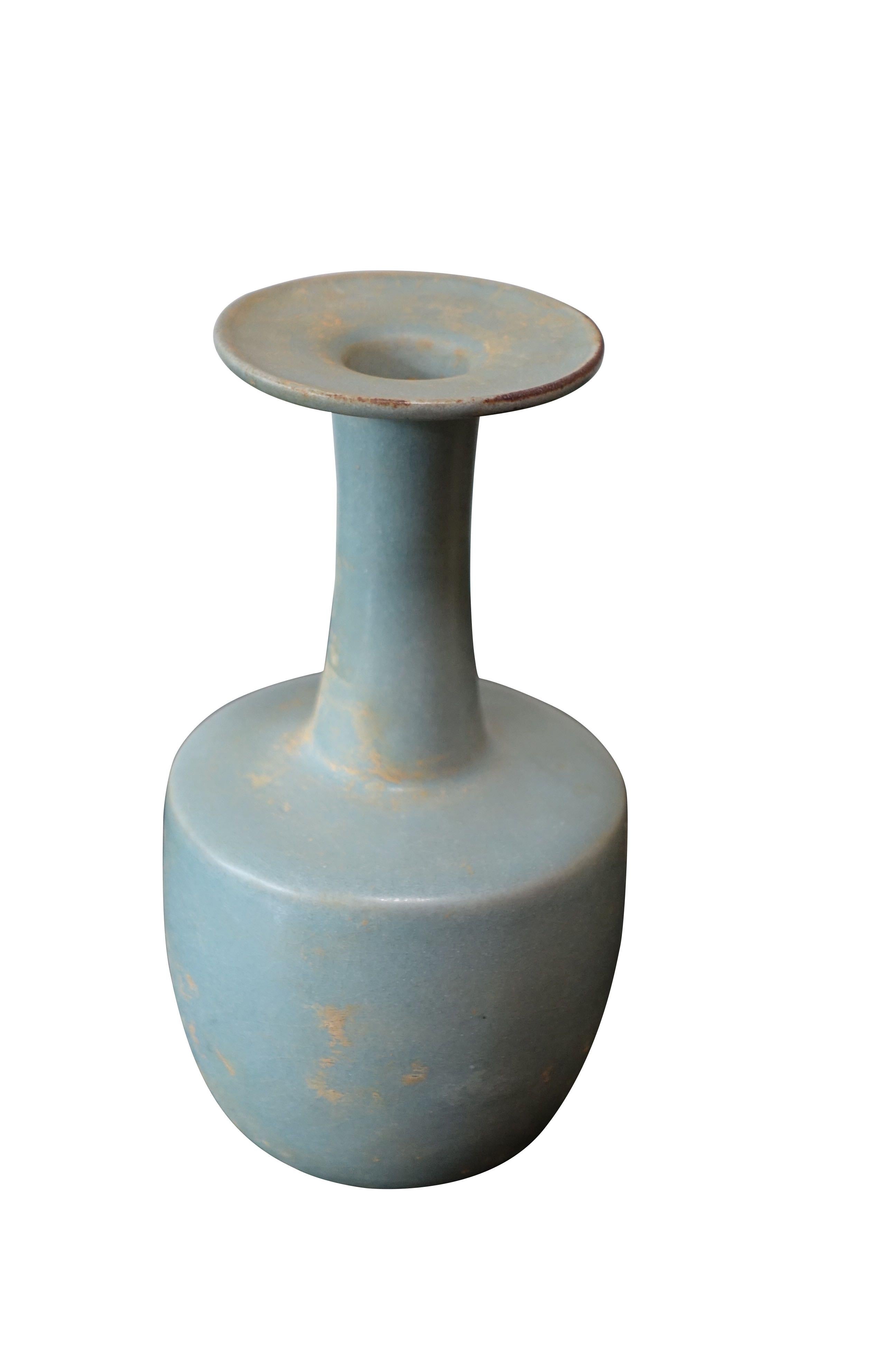 Contemporary Chinese collection of varying styles matte finish pale turquoise vases.
Sizes range from 3.5