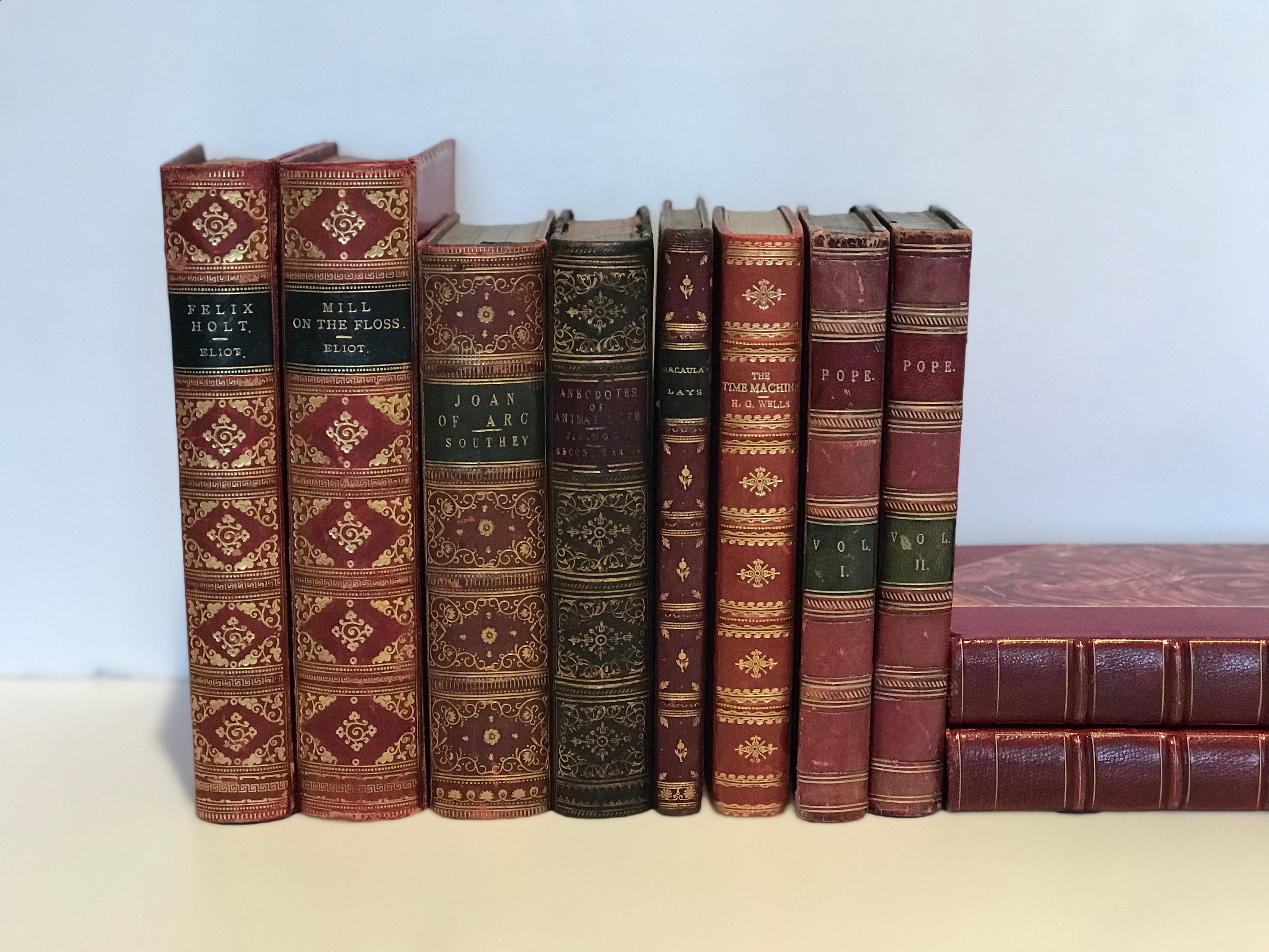 Collection of 10 18th and 19th century red leather books. The various shades of red leather make this collection a beautiful addition to any room. Excellent condition.