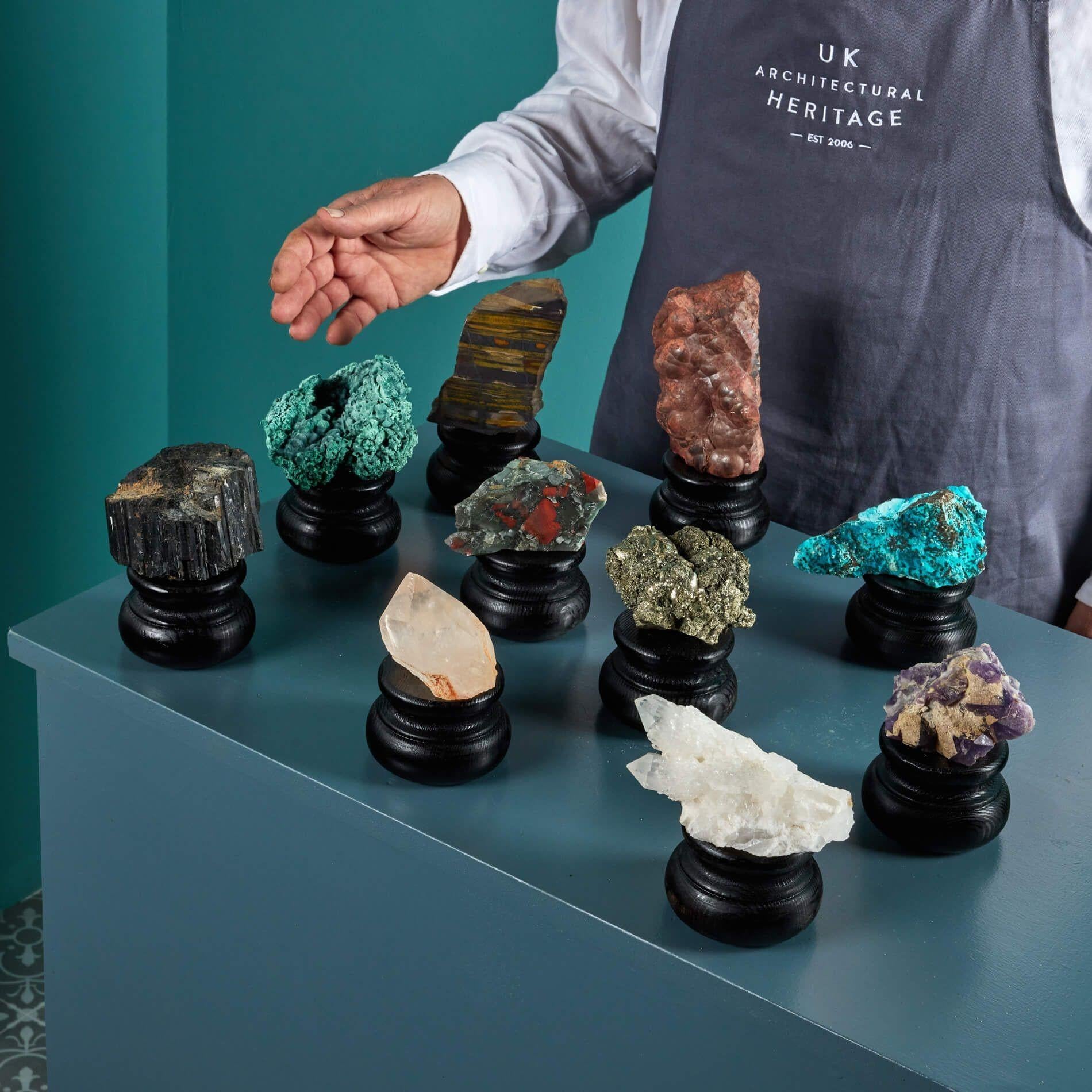 A varied and fascinating collection of 10 natural mineral specimens all originating from Africa.

Each presented on an exclusive extra small painted display plinth, this group contains a range of impressive cabinet specimens.

Highlights of the