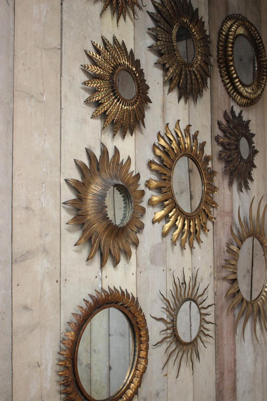 A group of 10 Spanish gilt metal starburst mirrors of different design and sizes that will make a statement in most walls, circa 1950s-1970s. 

Spain.