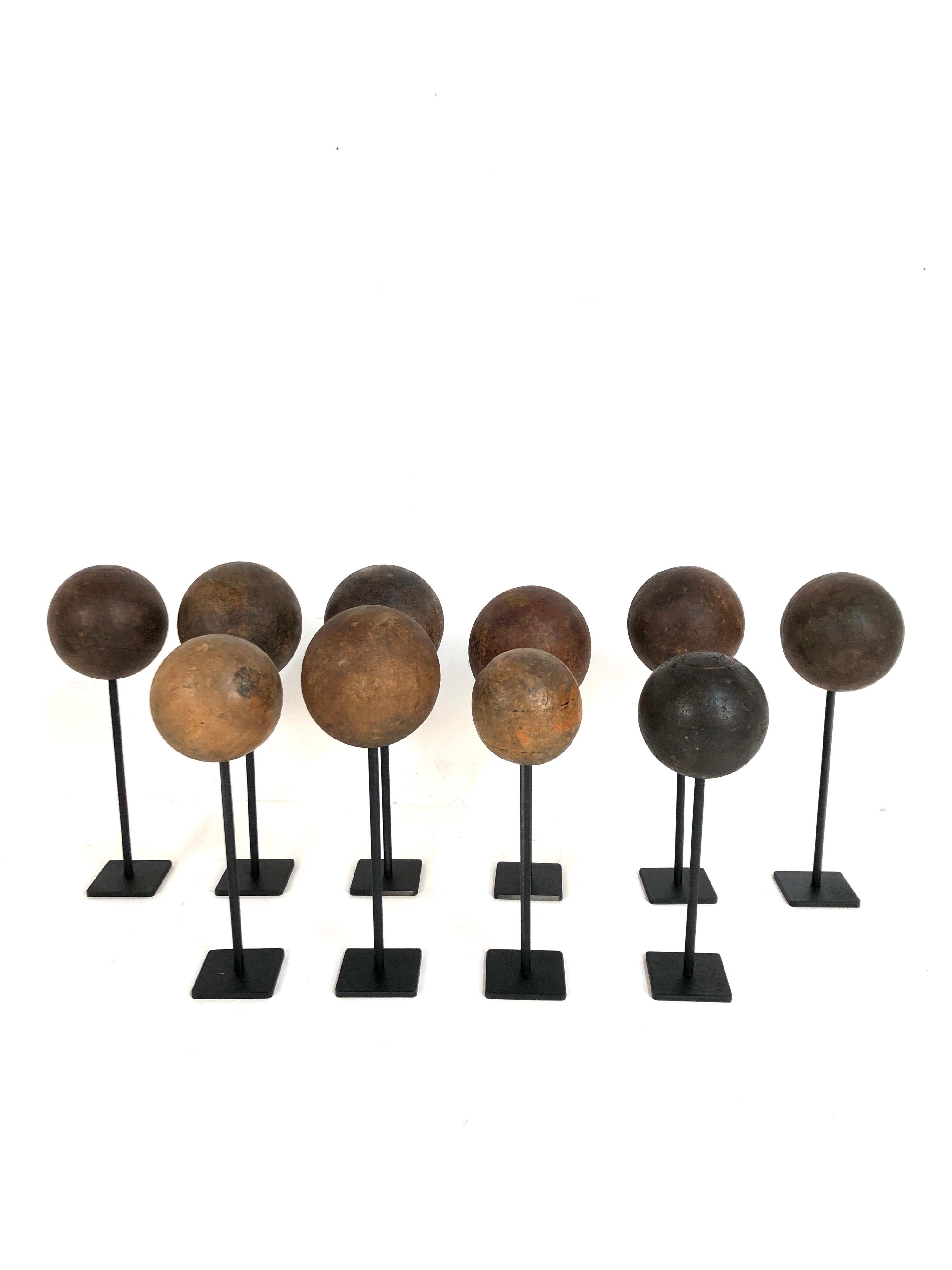 Turned Collection of 10 Custom Mounted Antique Wooden Balls