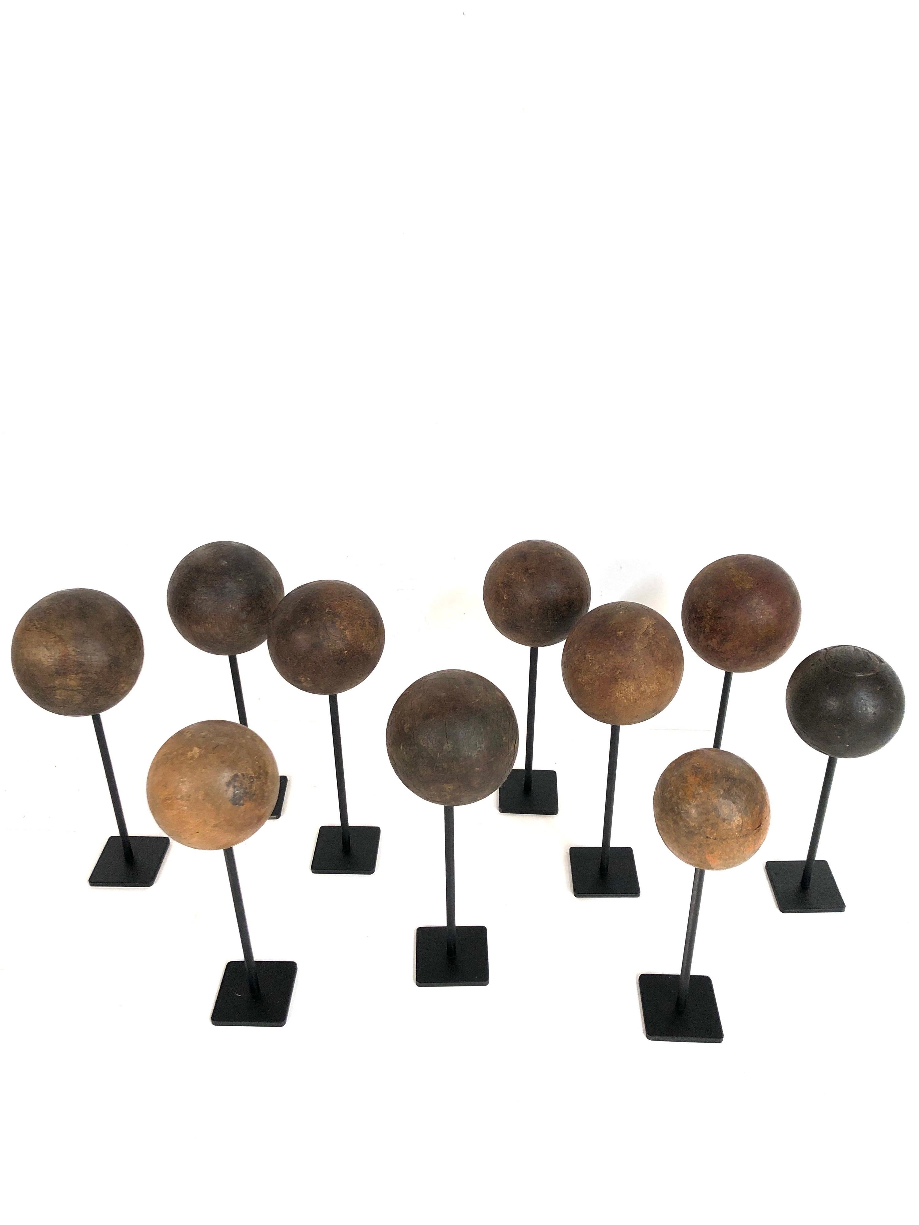 Mid-20th Century Collection of 10 Custom Mounted Antique Wooden Balls