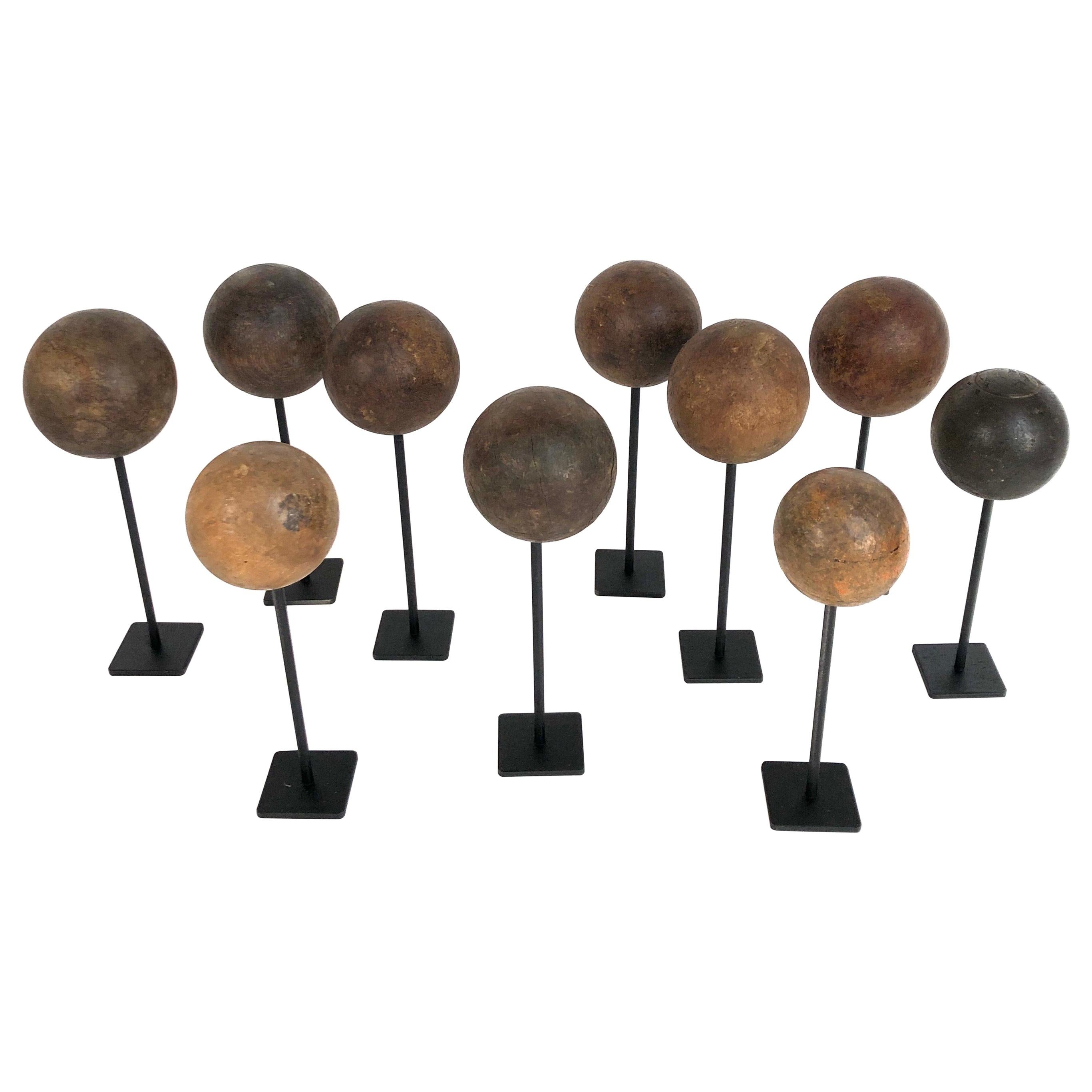 Collection of 10 Custom Mounted Antique Wooden Balls