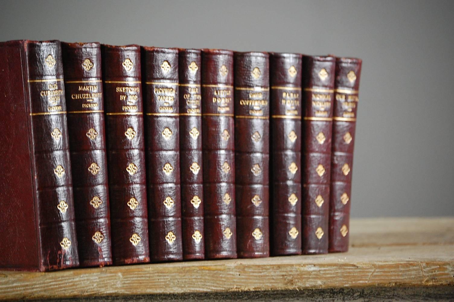 Collection of ten leather bound Charles Dickens novels, part of the Fireside series, England, circa 1900. Great decorative appeal.