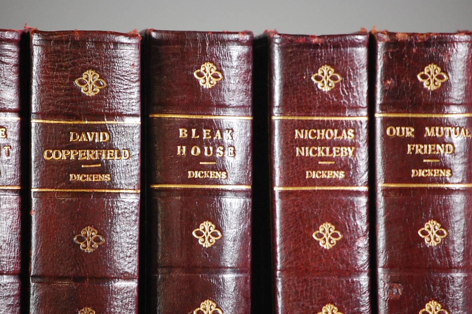 English Collection of Ten Leather Bound Charles Dickens Novels