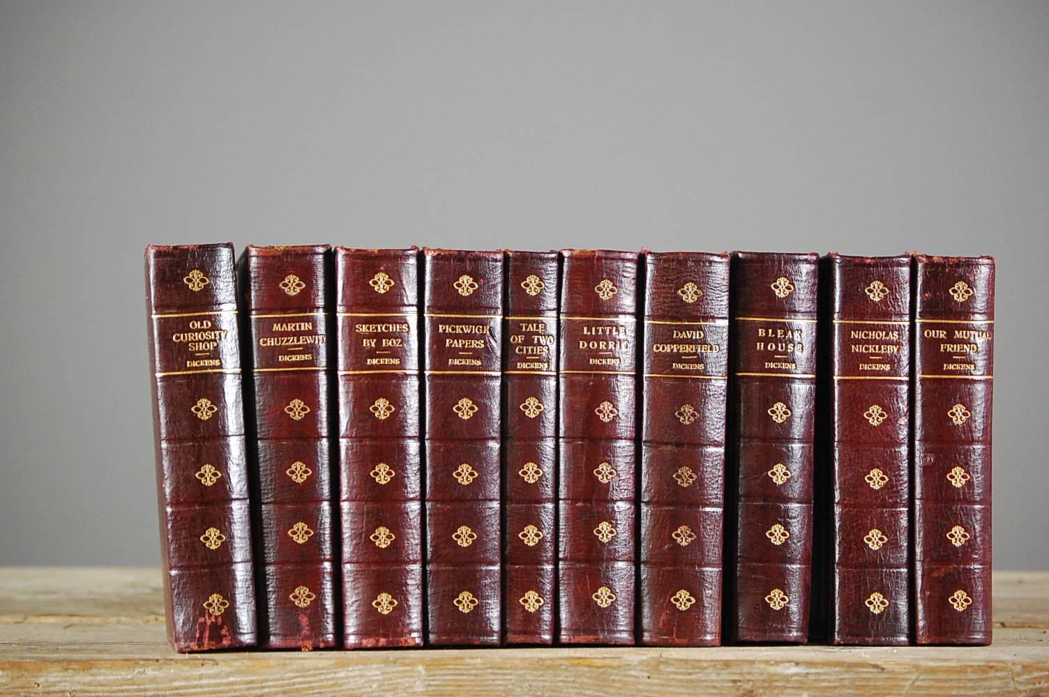 20th Century Collection of Ten Leather Bound Charles Dickens Novels