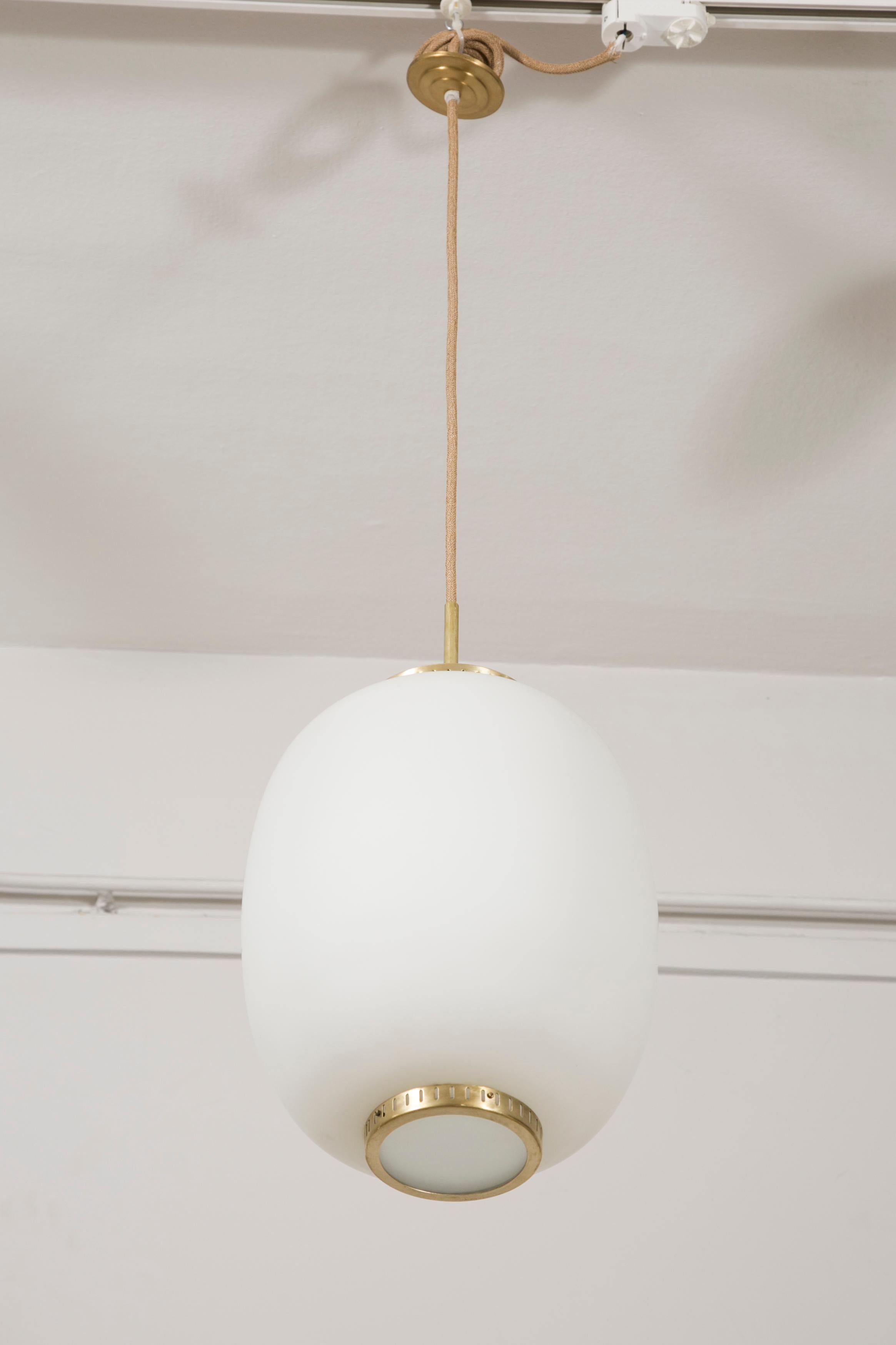 Mid-20th Century Collection of 10 Opaline Glass and Brass Ceiling Fixtures, Bent Karlby for Lyfa