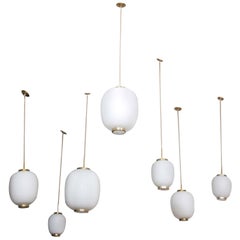 Collection of 10 Opaline Glass and Brass Ceiling Fixtures, Bent Karlby for Lyfa