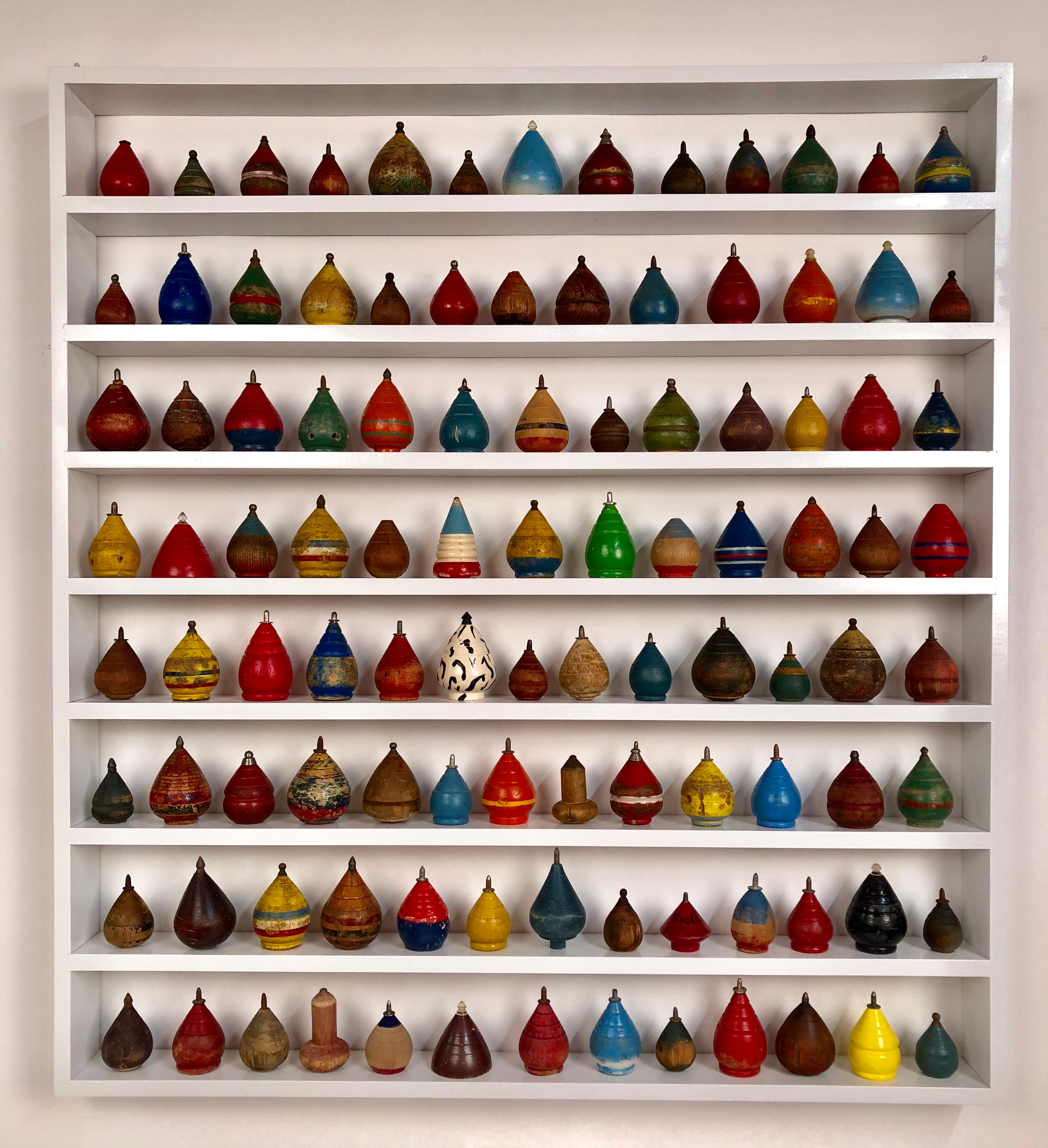 Folk Art Collection of 100 Antique Spinning Tops in a Custom Shadow Box Frame