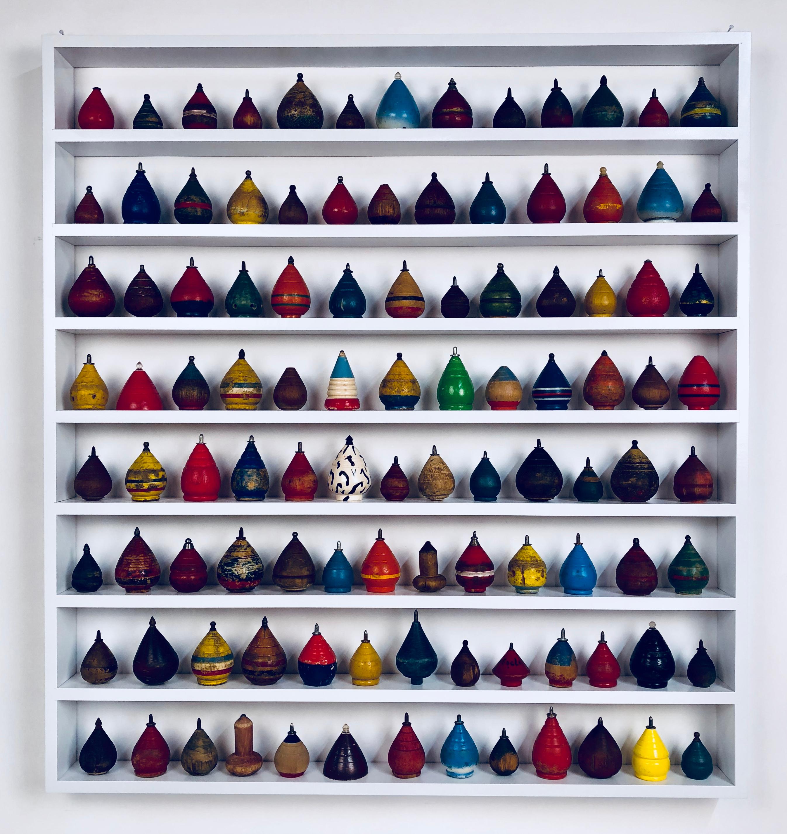 Collection of 100 Antique Spinning Tops in a Custom Shadow Box Frame 4