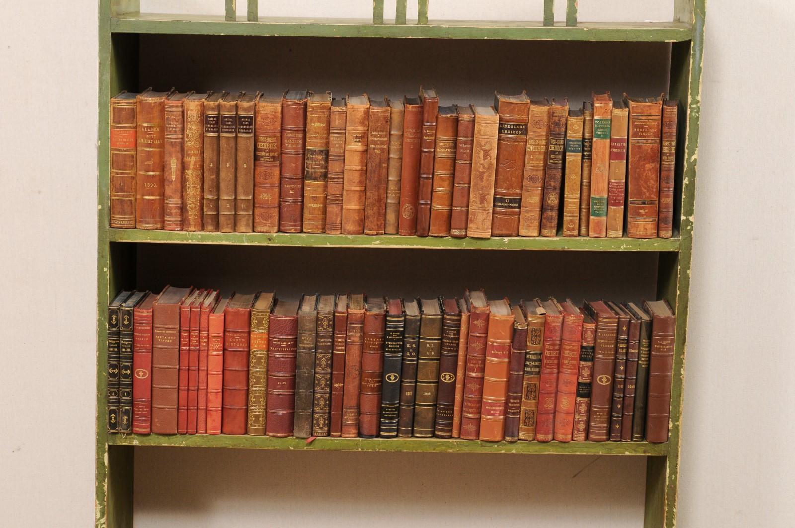 Une collection attrayante de 100 livres anciens suédois reliés en cuir. Cet ensemble de livres de littérature des années 1920 provenant de Suède est enveloppé dans des couvertures reliées en cuir, composées de différents tons riches et chauds et