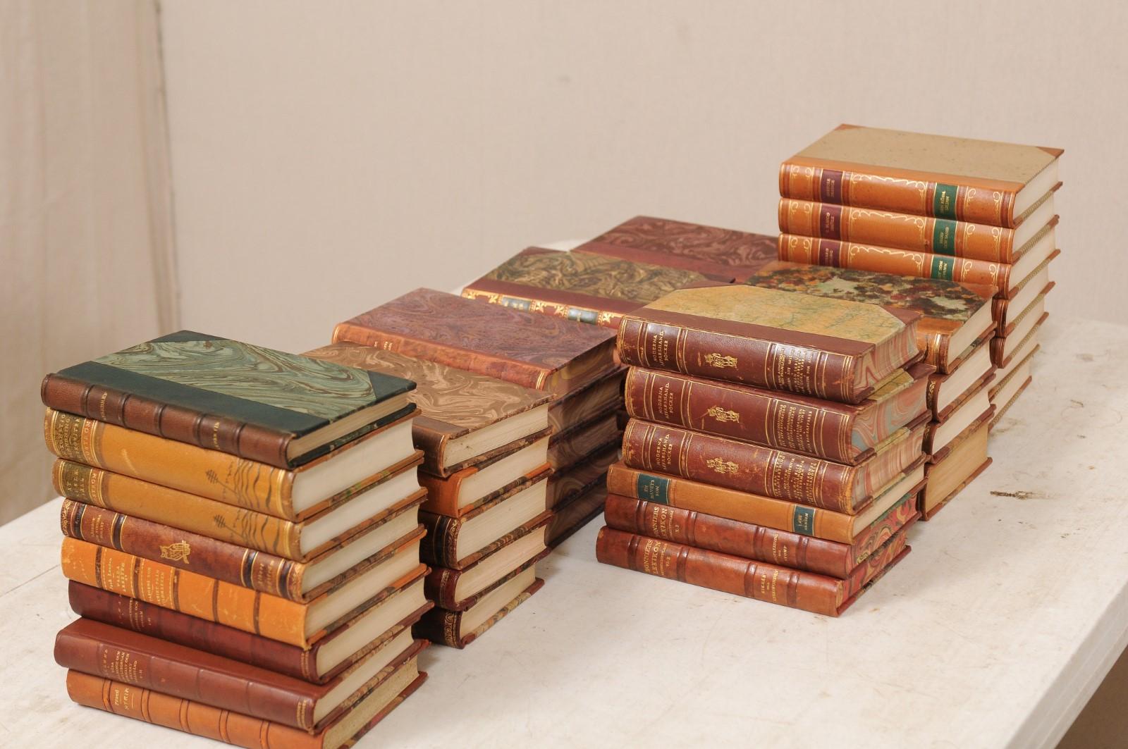20th Century Collection of 100 Swedish Antique Leather-Bound Books from the 1920s