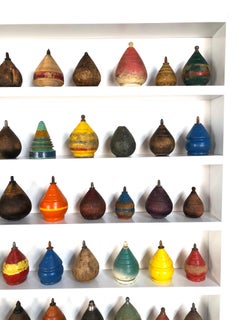 Collection of 104 Antique Wooden Spinning Tops in a Custom Shadow Box Frame